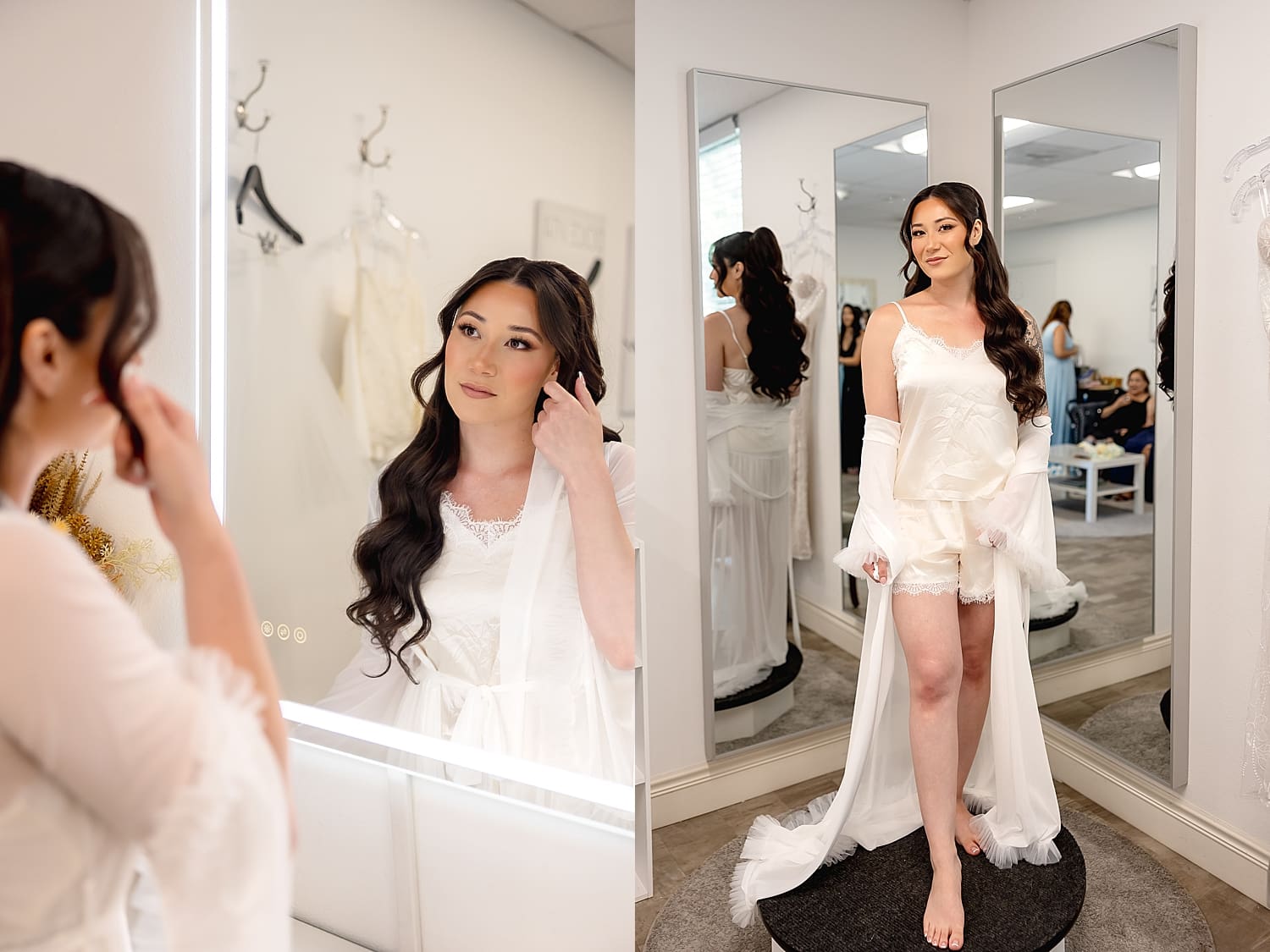 bride looks in the mirror getting ready for her Summer wedding in Irvine