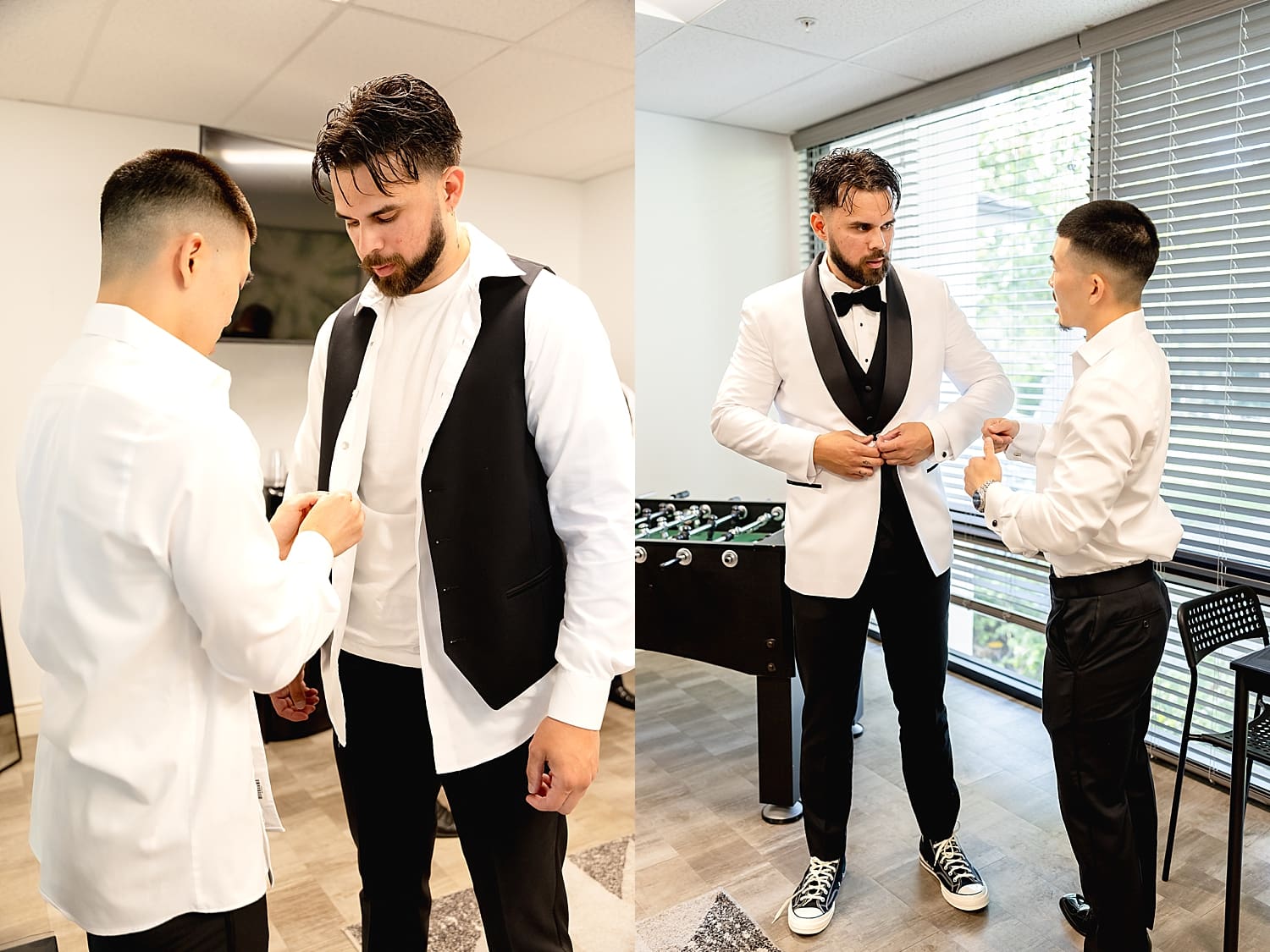 groom buttons tux as he gets ready for his Summer wedding in Irvine