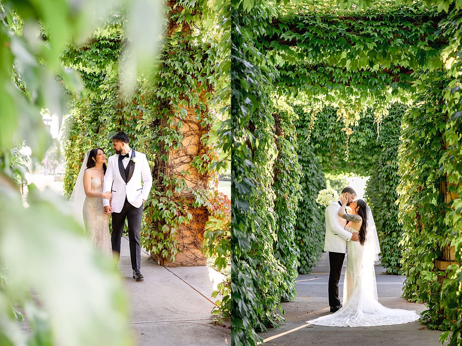 newlyweds snuggle under ivy covered walkway by Southern California photographer