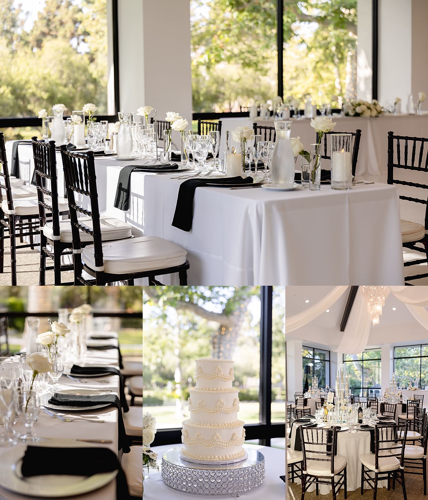 large tables decorated with white and black by Desiree Ashley Photography