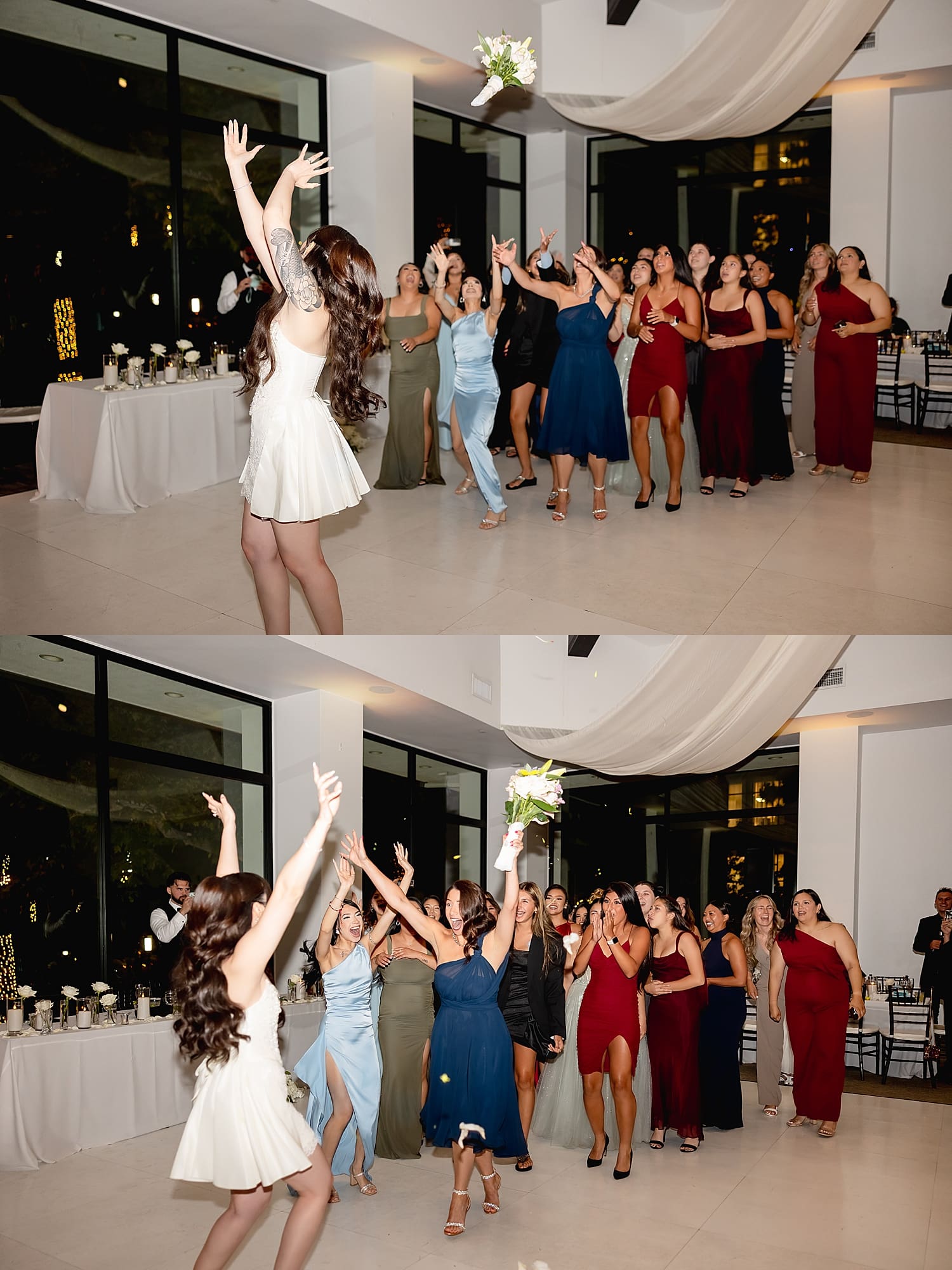 woman throws bouquet over her head at reception by Southern California photographer