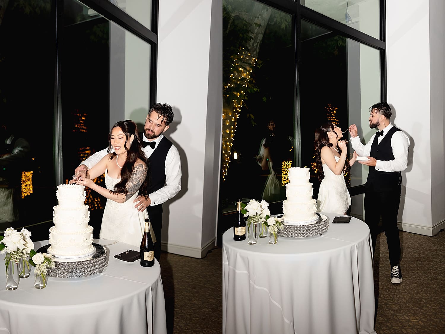 couple cuts a three tier wedding cake by Desiree Ashley Photography