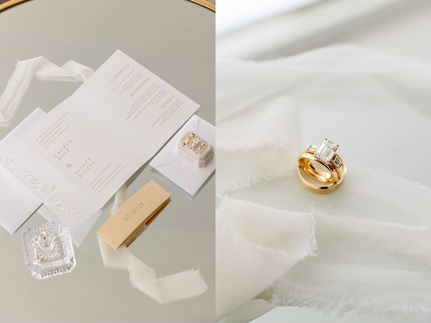 diamond and gold rings sit on delicate fabric by Southern California wedding photographer
