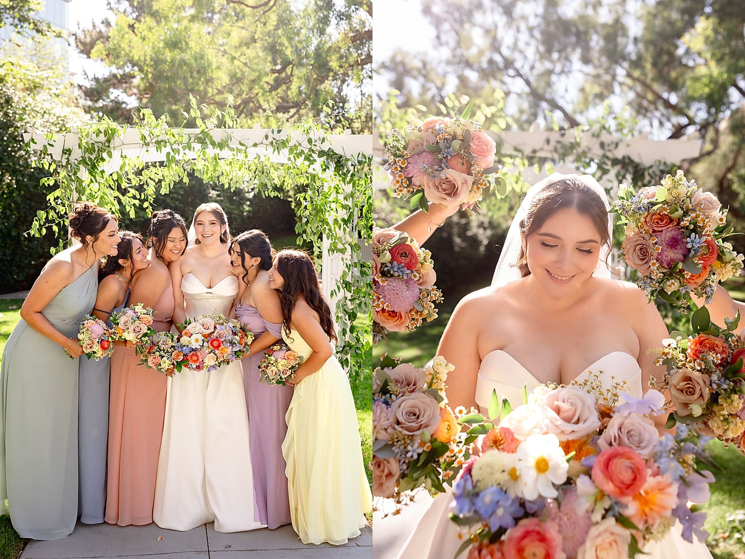 bride surrounded by her bridesmaids who are in pastel gowns by Desiree Ashley Photography