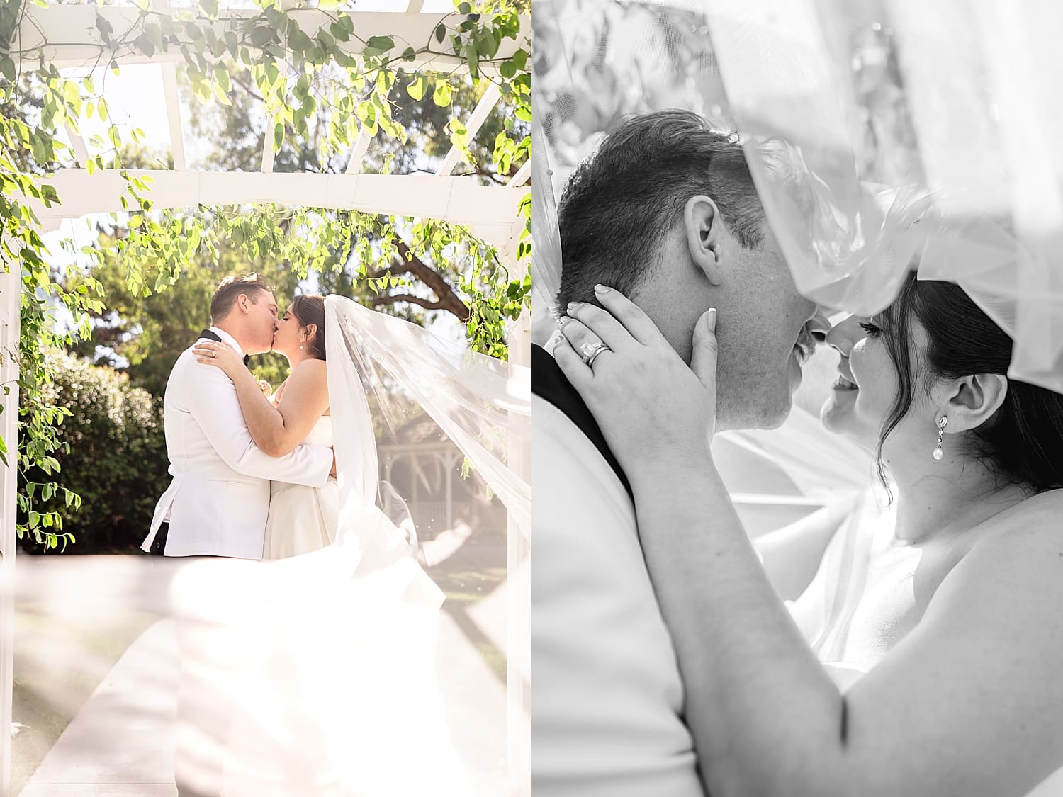 newlyweds share a kiss under veil on lawn at University Club by Wedgewood Weddings