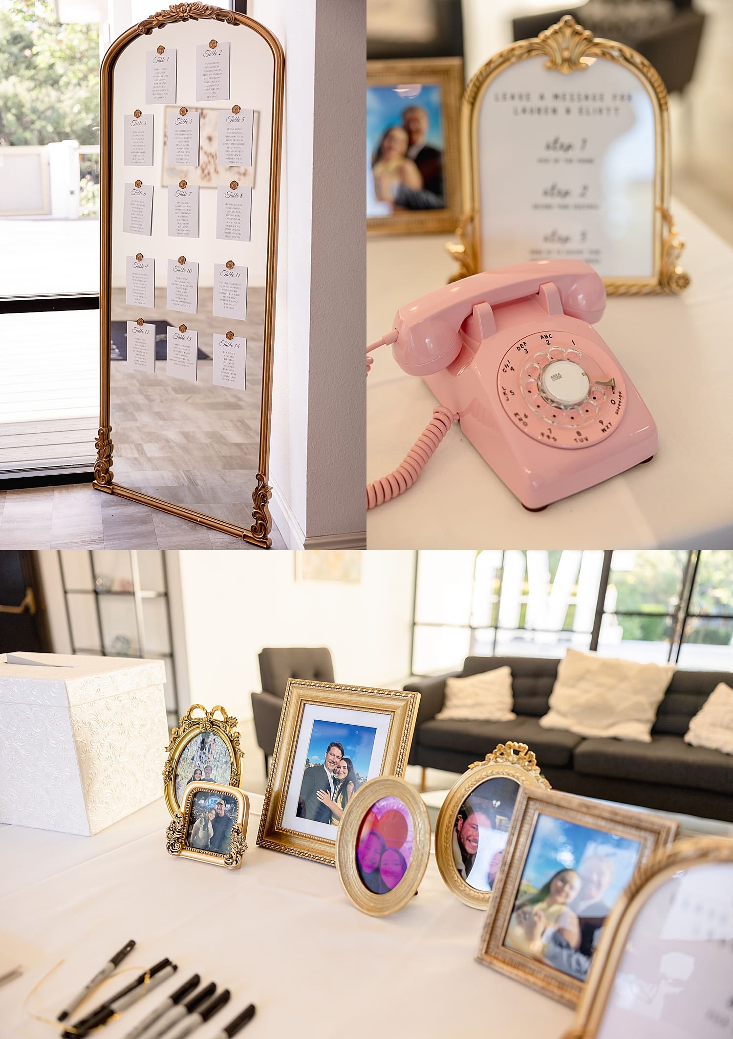 guest seating chart on a mirror next to pink phone by Desiree Ashley Photography