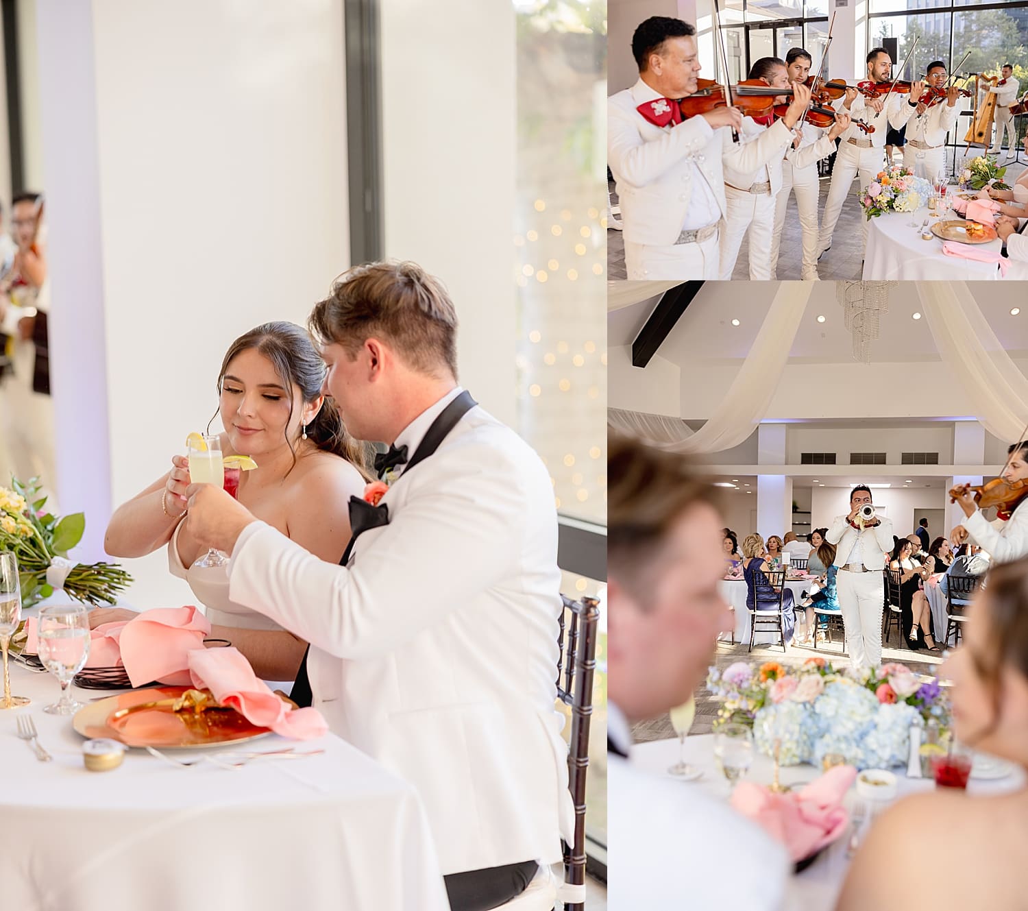 newlyweds share a toast while mariachi band serenades them by Southern California wedding photographer