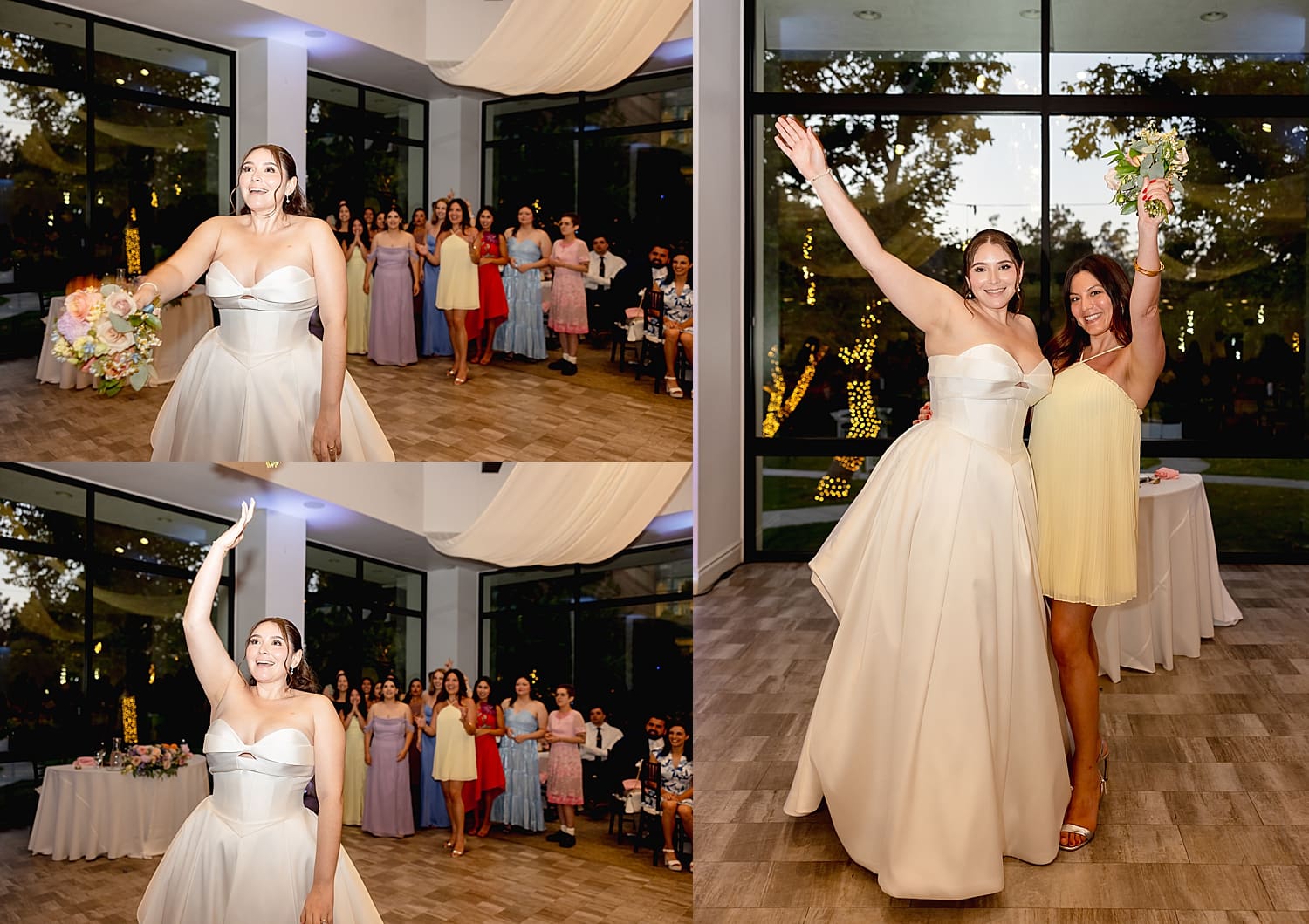 bride throws the bouquet to waiting women on dance floor by Desiree Ashley Photography