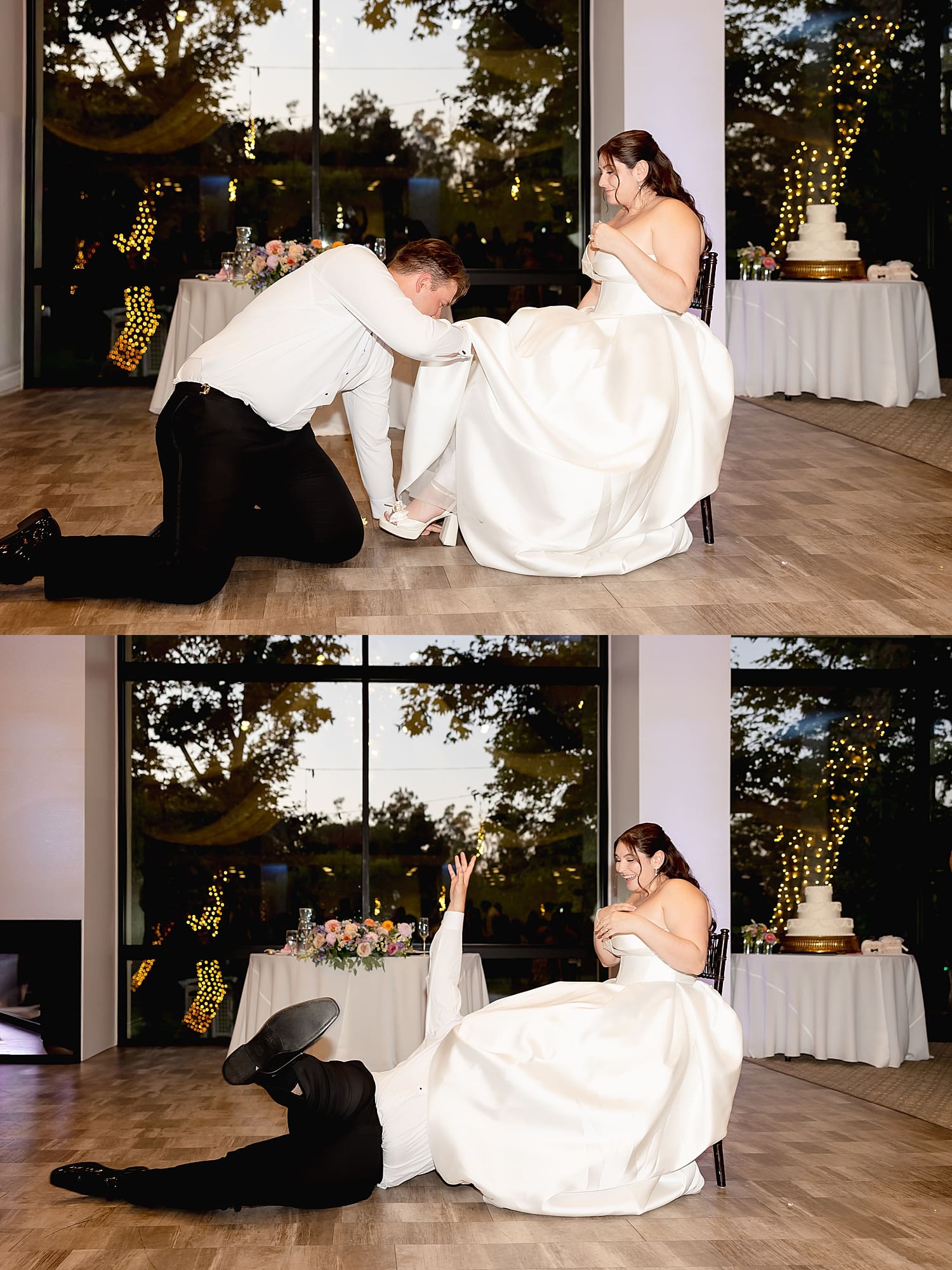 groom goes under bride's dress for garter toss at University Club