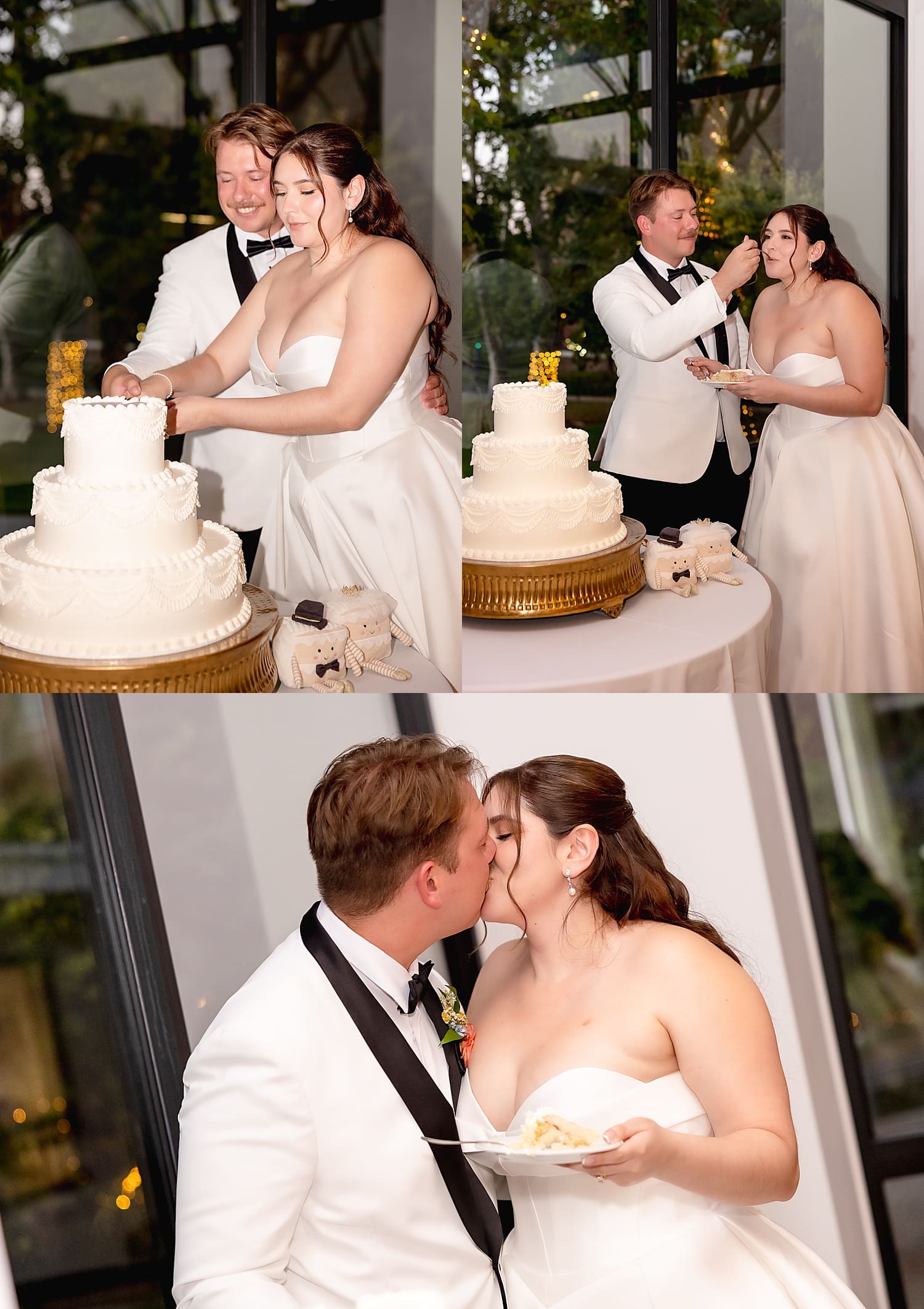 bride and groom cut three tier white cake by Desiree Ashley Photography