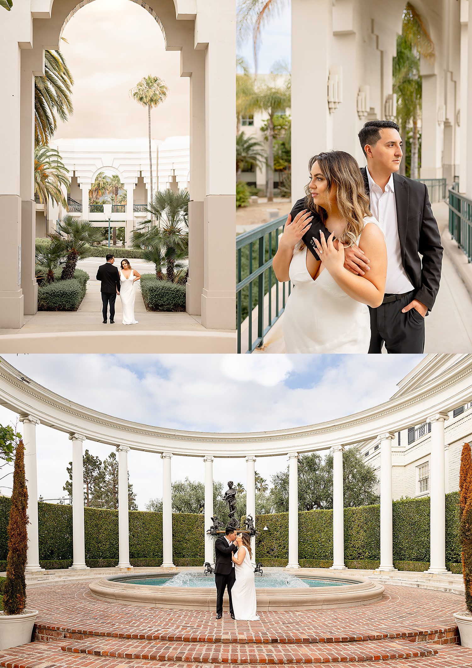 engaged couple stand under large arches by Desiree Ashley Photography