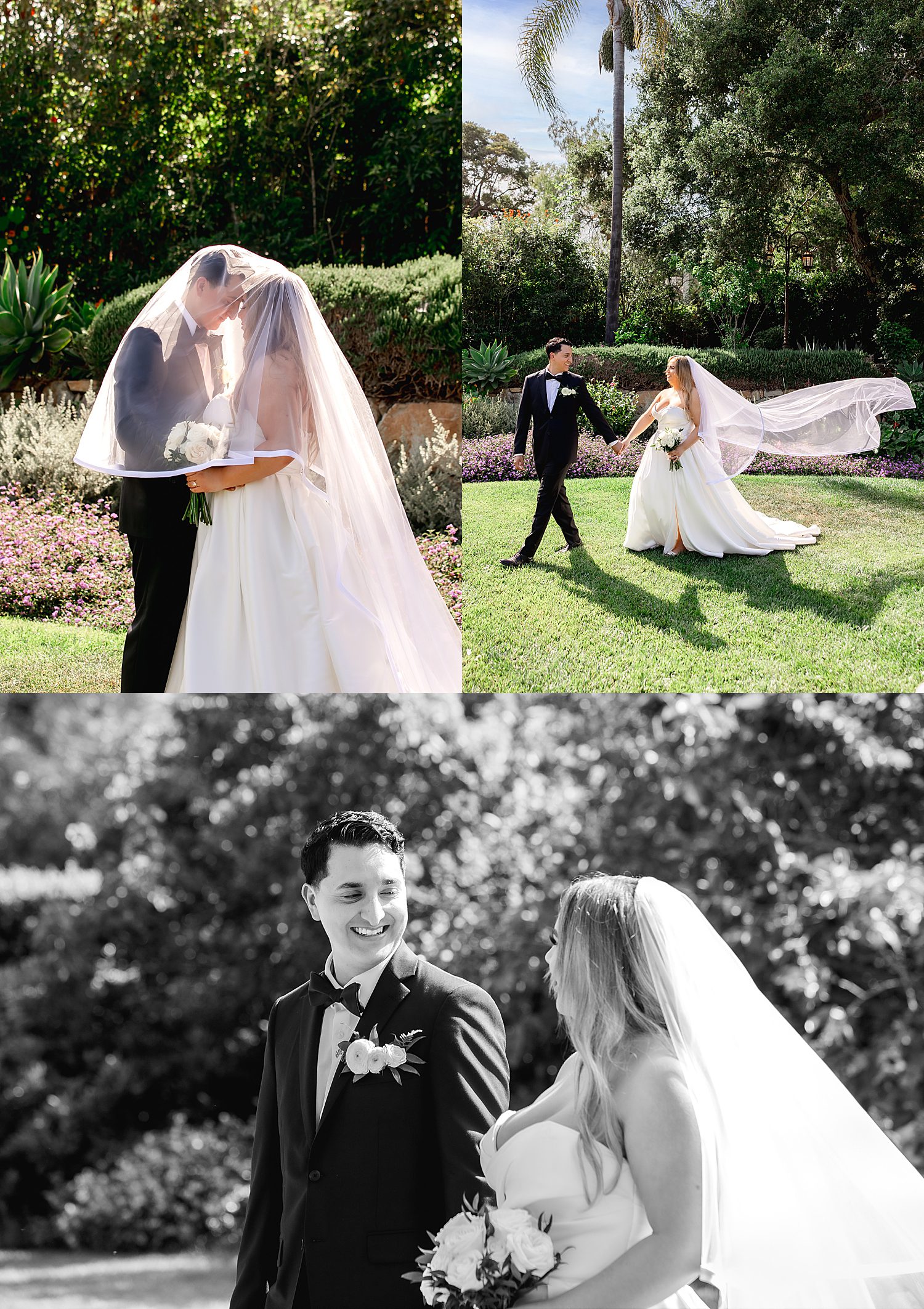 newlyweds walk across a manicured lawn by Southern California wedding photographer