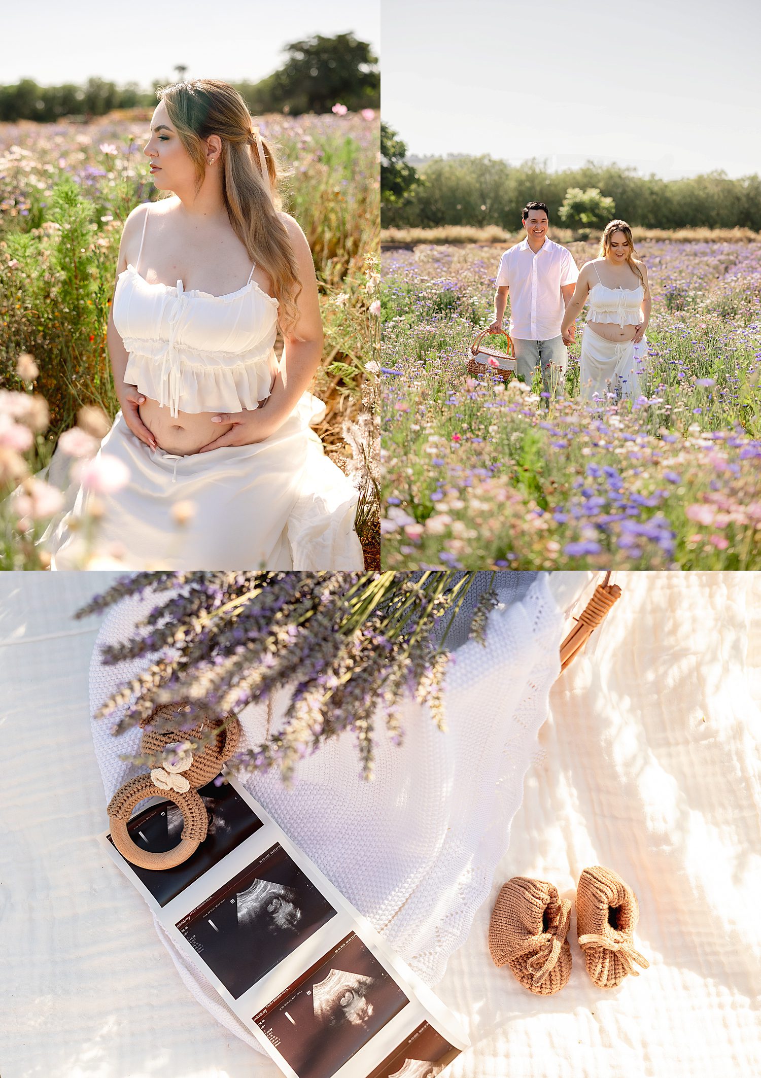 woman in white embraces her stomach in lavendar filed by Southern California wedding photographer