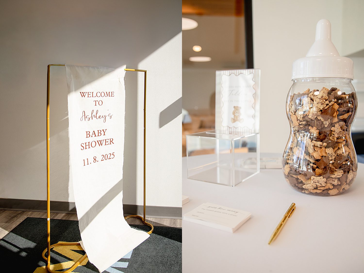 details are set up in large room for a baby shower documenting a full love story