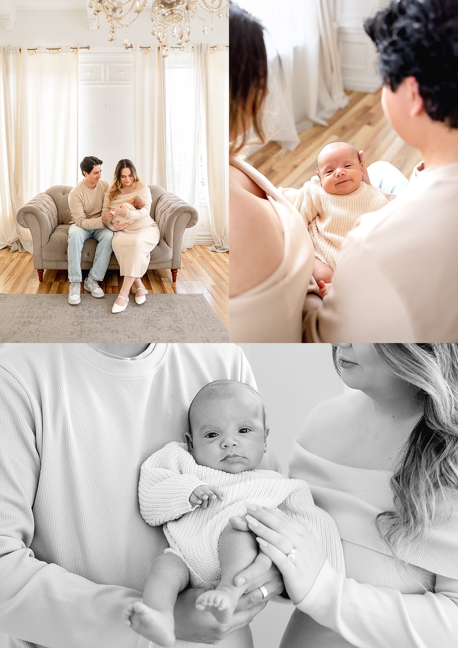 mom and dad sit with newborn on couch by Desiree Ashley Photography