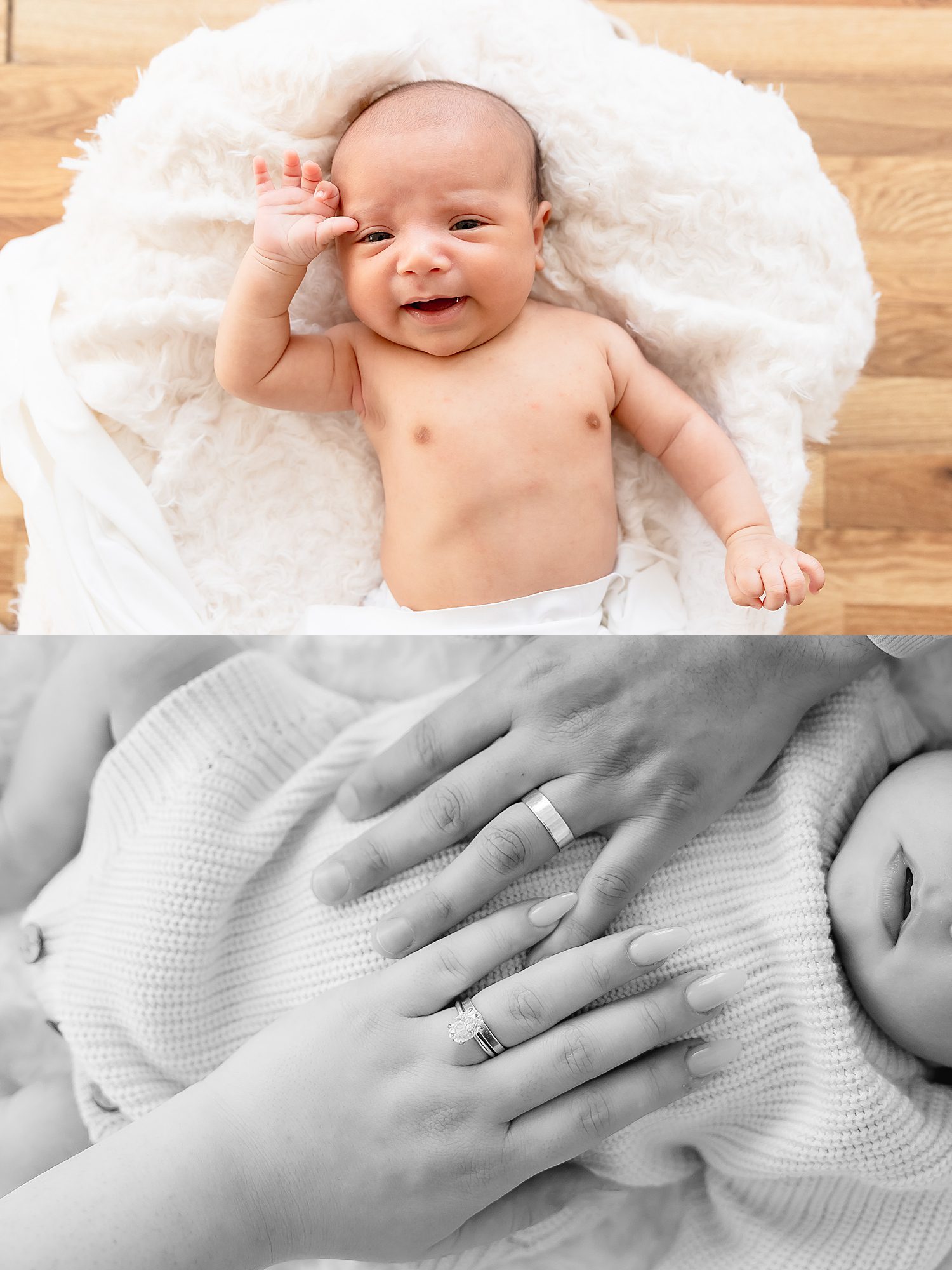 infant lies on white backdrop in diaper by Southern California wedding photographer