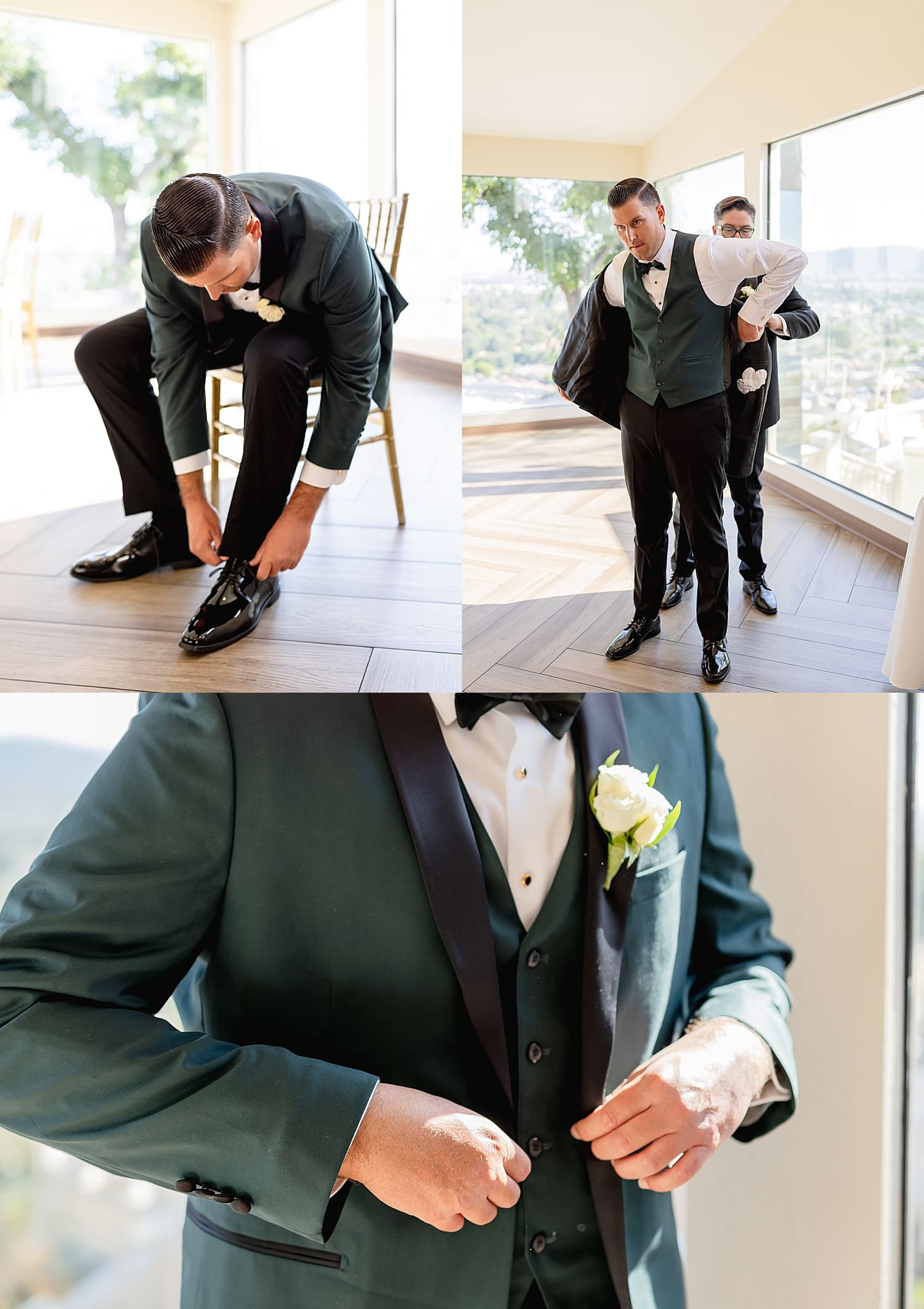 groom in green suit gets ready by Desiree Ashley Photography