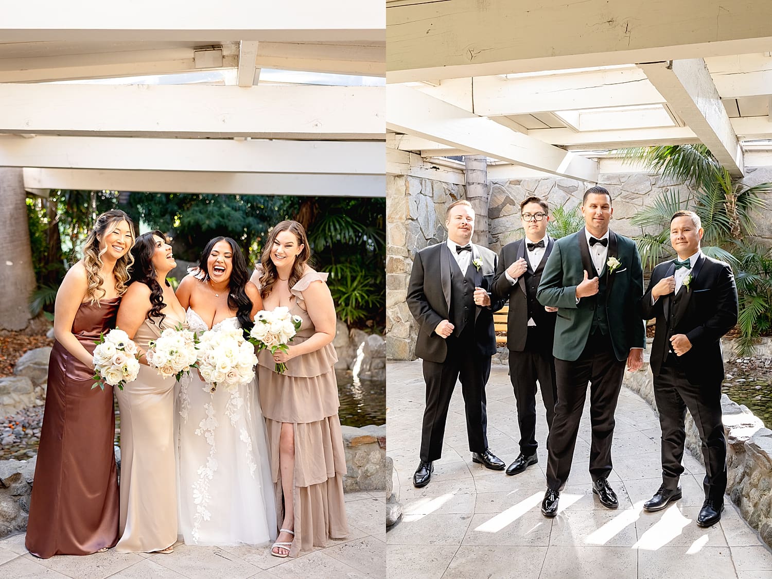 wedding party surrounds the couple outside at Coco Palm Restaurant