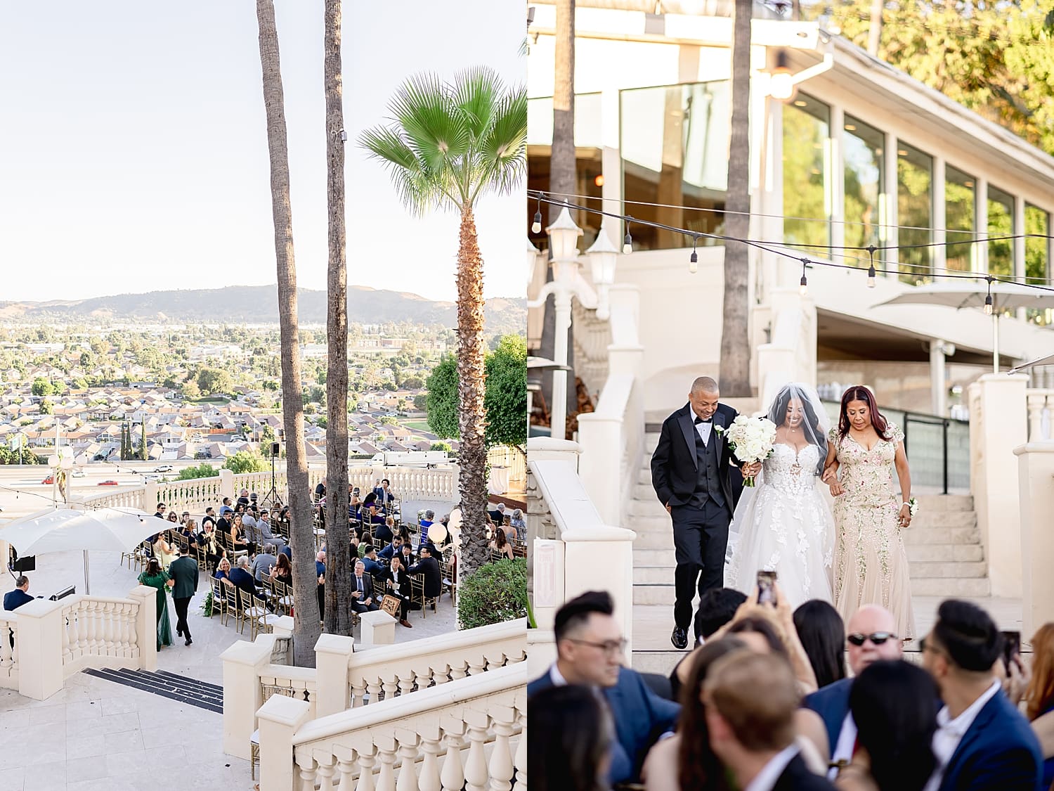 bride walks down steps leading to outdoor ceremony by Desiree Ashley Photography