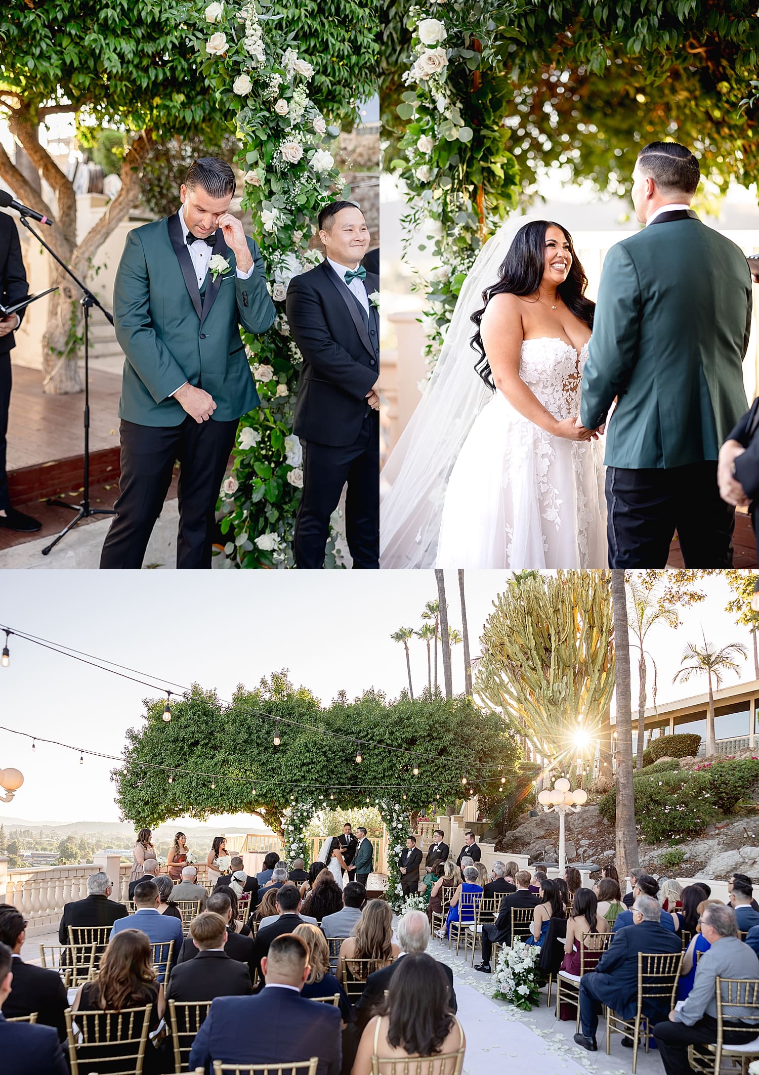 groom wipes away a tear at golden hour ceremony at Coco Palm Restaurant