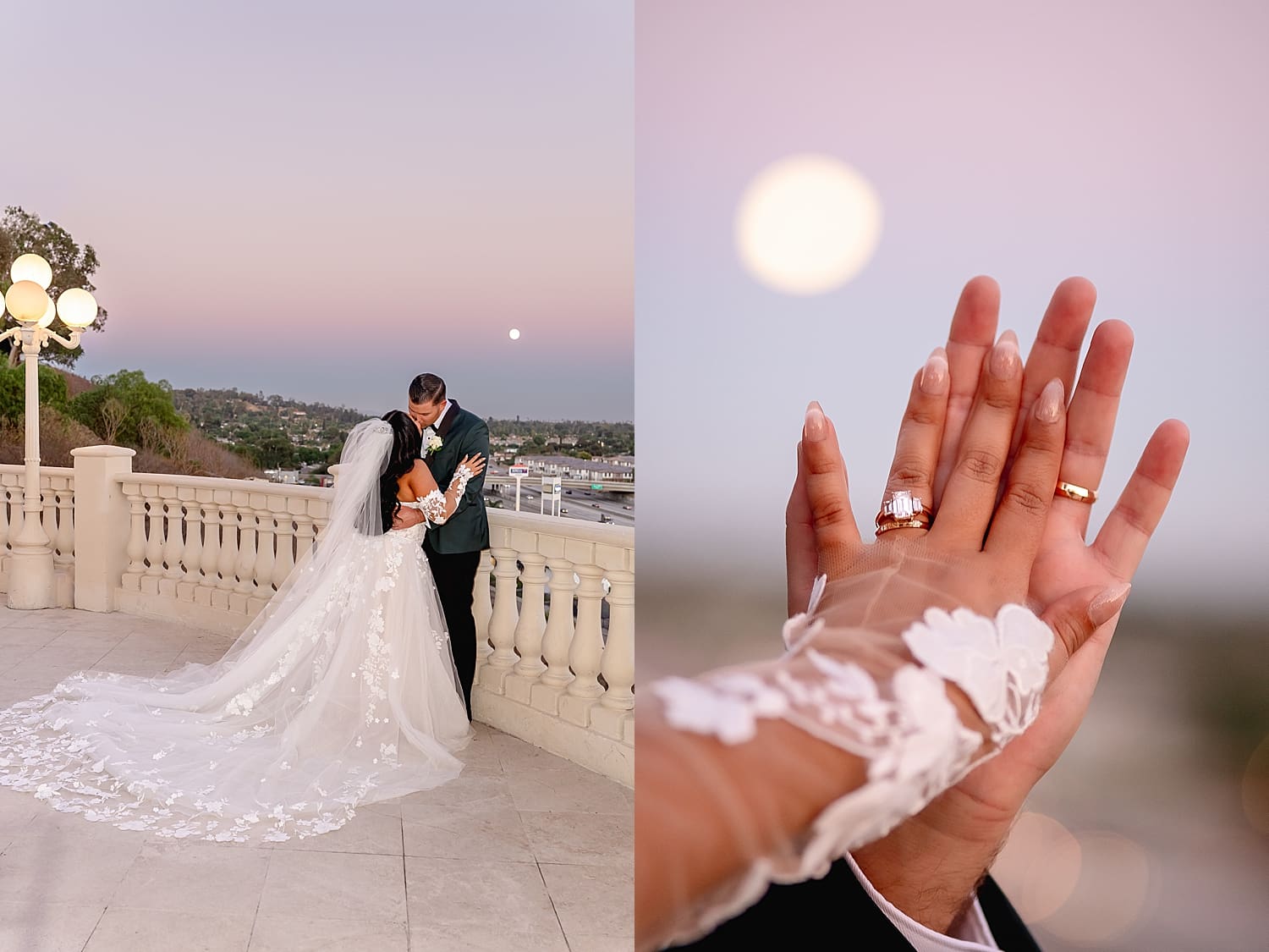 newlyweds share a kiss against balcony at Coco Palm Restaurant