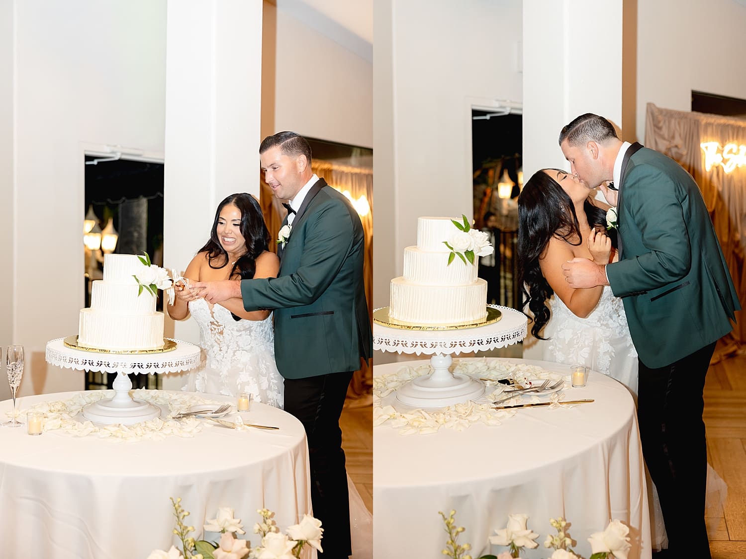 bride and groom cut a three tier white cake by Southern California wedding photographer