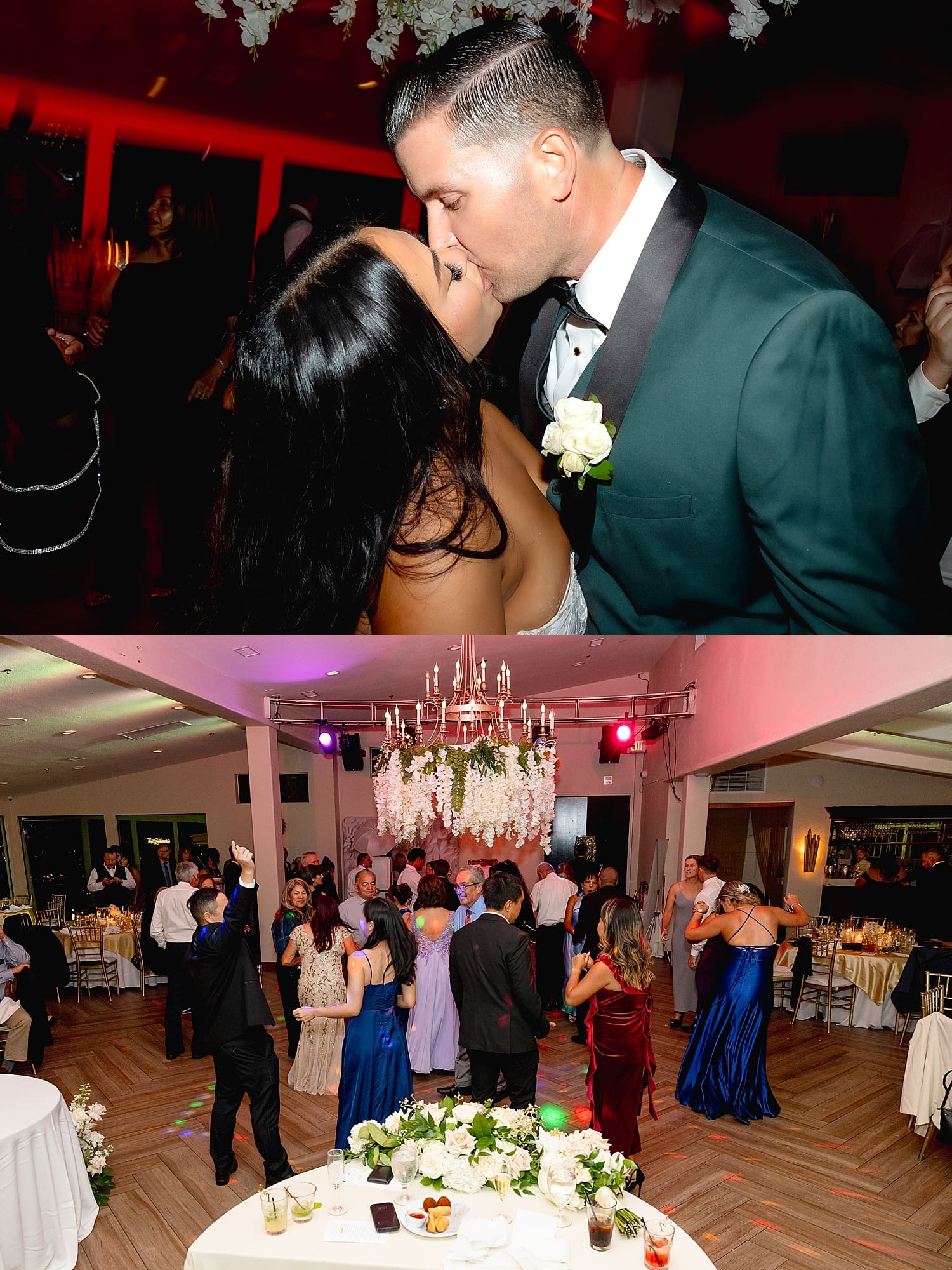 newlyweds share a kiss on dance floor at Coco Palm Restaurant