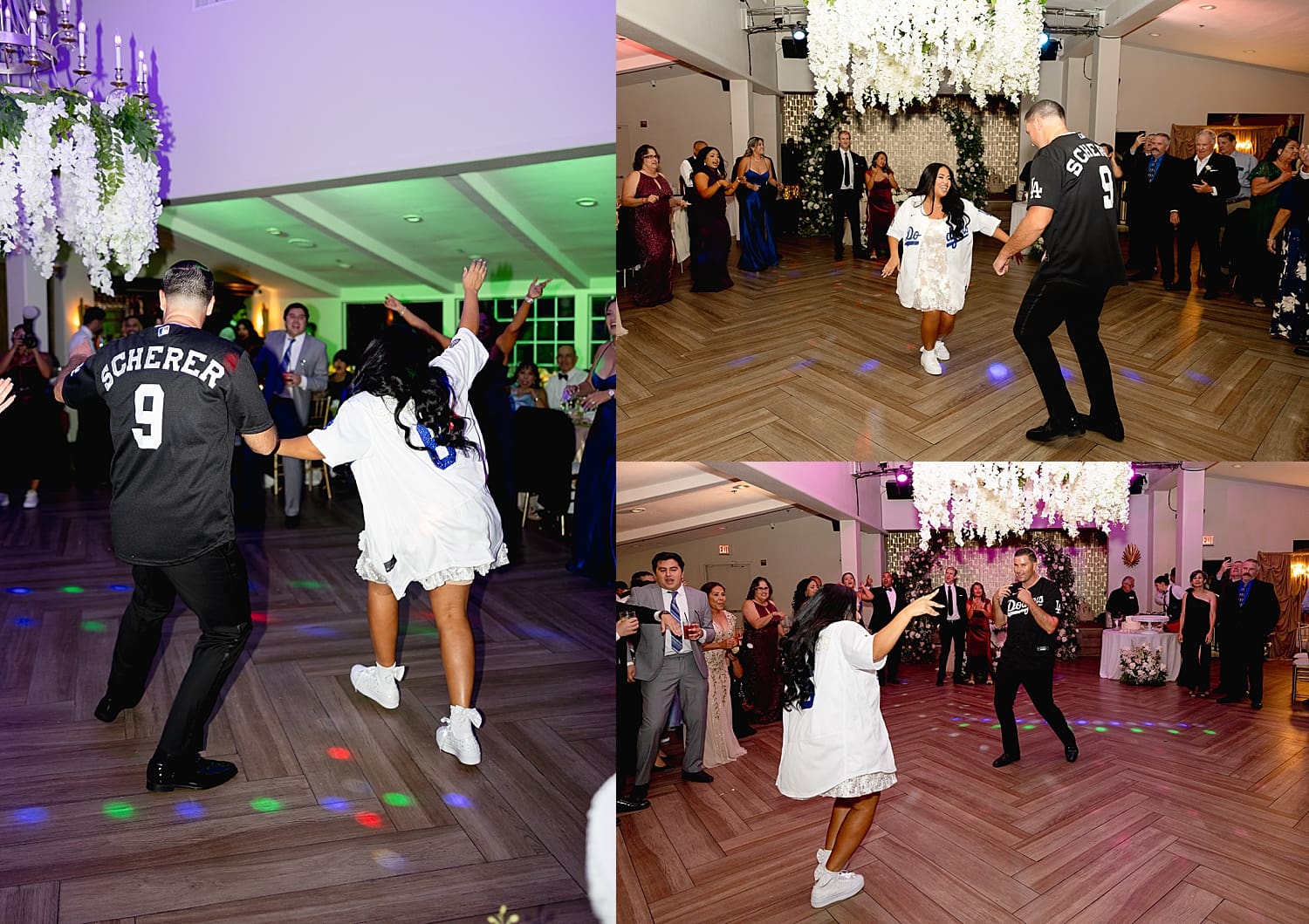 newlyweds dance with friends under lights by Southern California wedding photographer