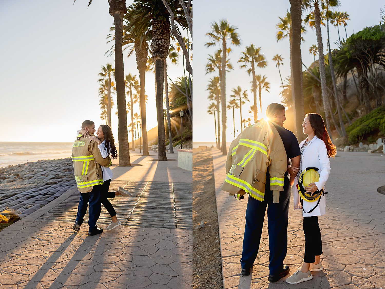 firefighter twirls around his wife under palm trees for unique couples session idea