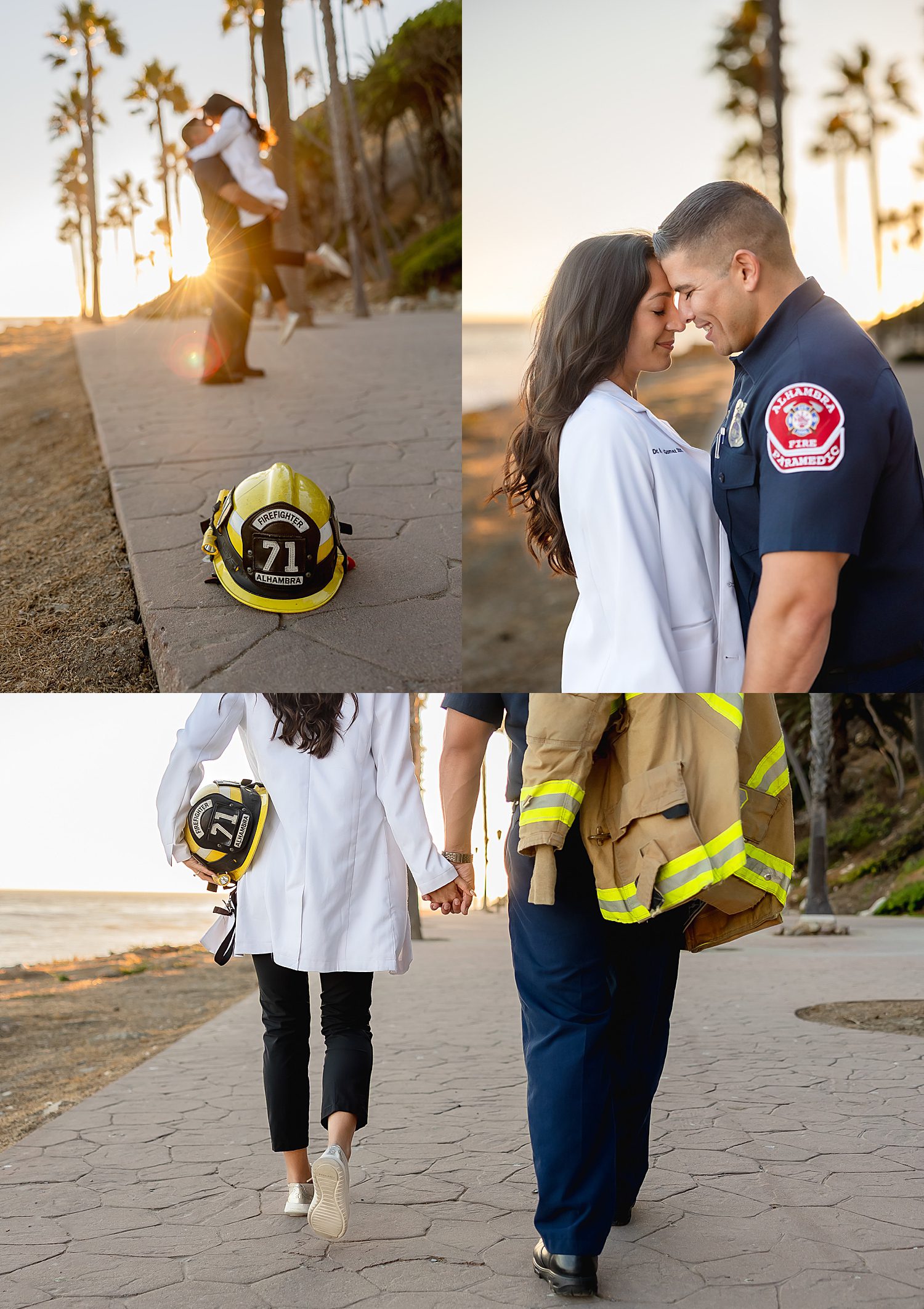 firefighter and DDS doctor in their uniforms on the sidwalk for unique couples session idea