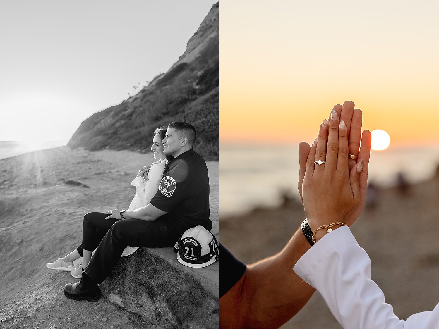 a high power couple sits in their uniforms watching the sunset at the beach for unique couples session idea