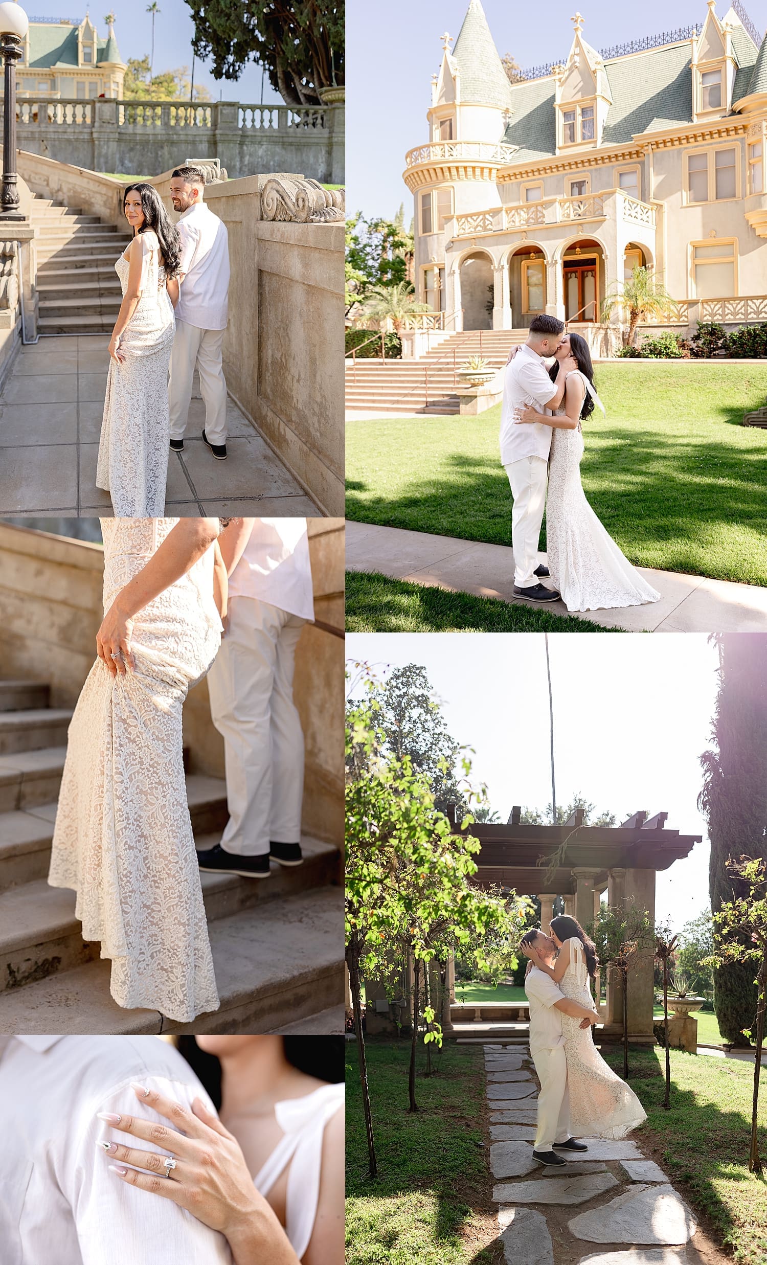 couple in white walks up the steps at Kimberly Crest House & Gardens