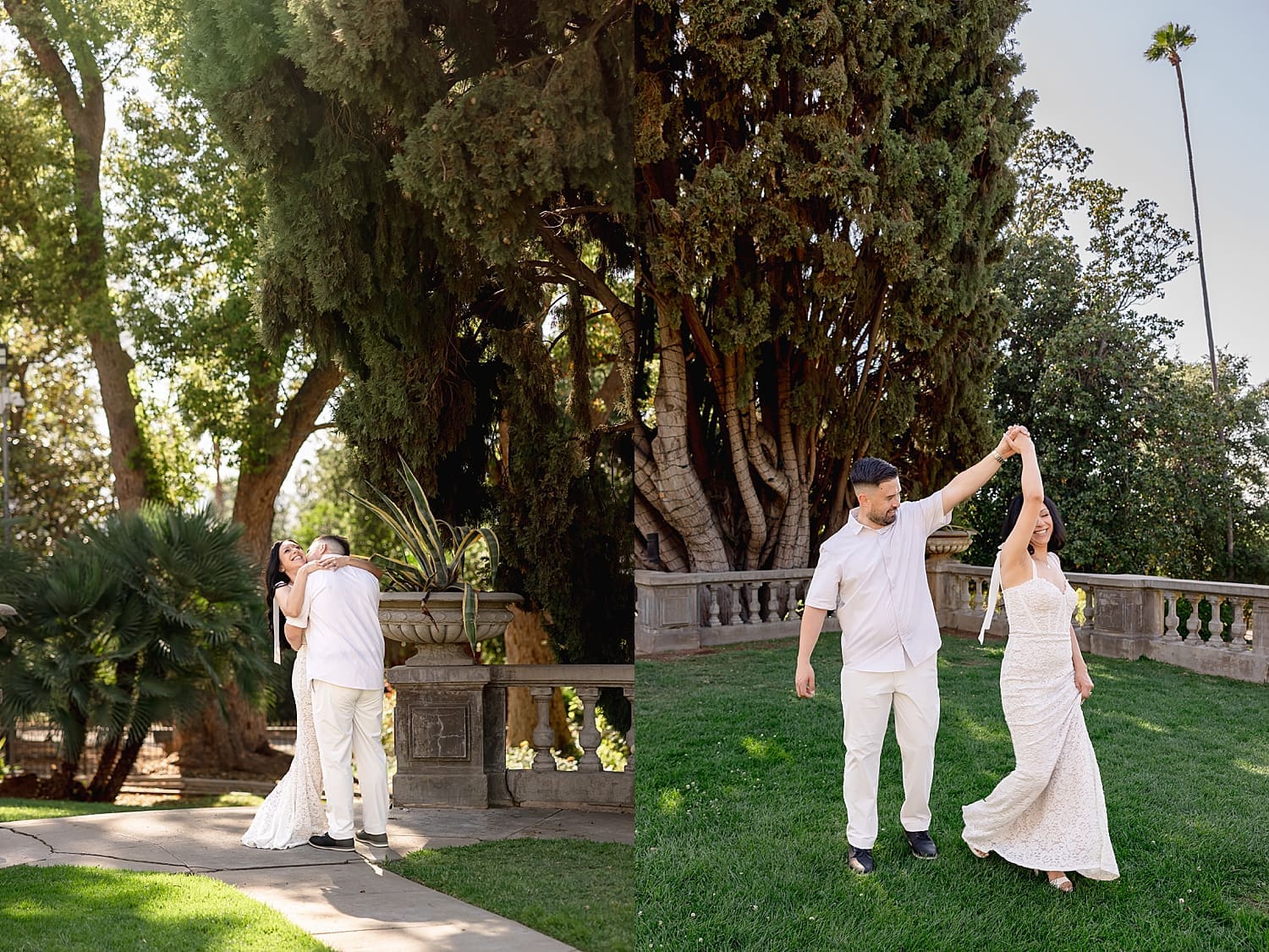 man twirls his woman on lawn at Kimberly Crest House & Gardens