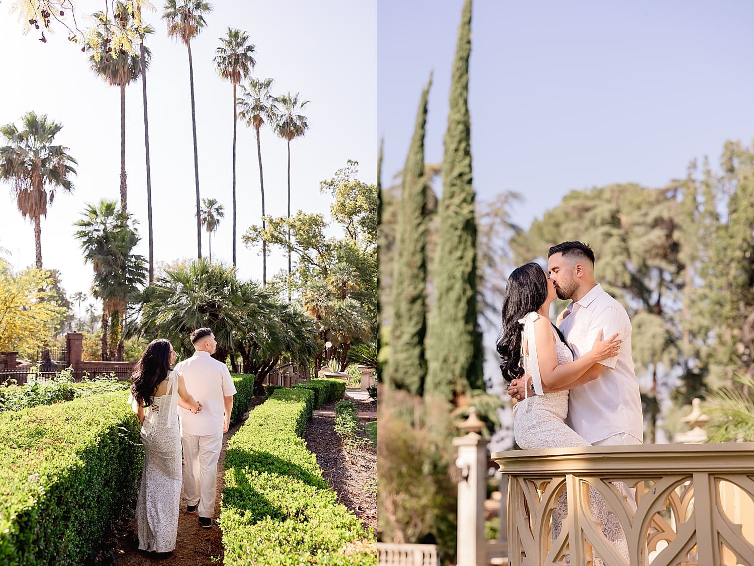 woman sits on balcony ledge while man kisses her by Southern California wedding photographer