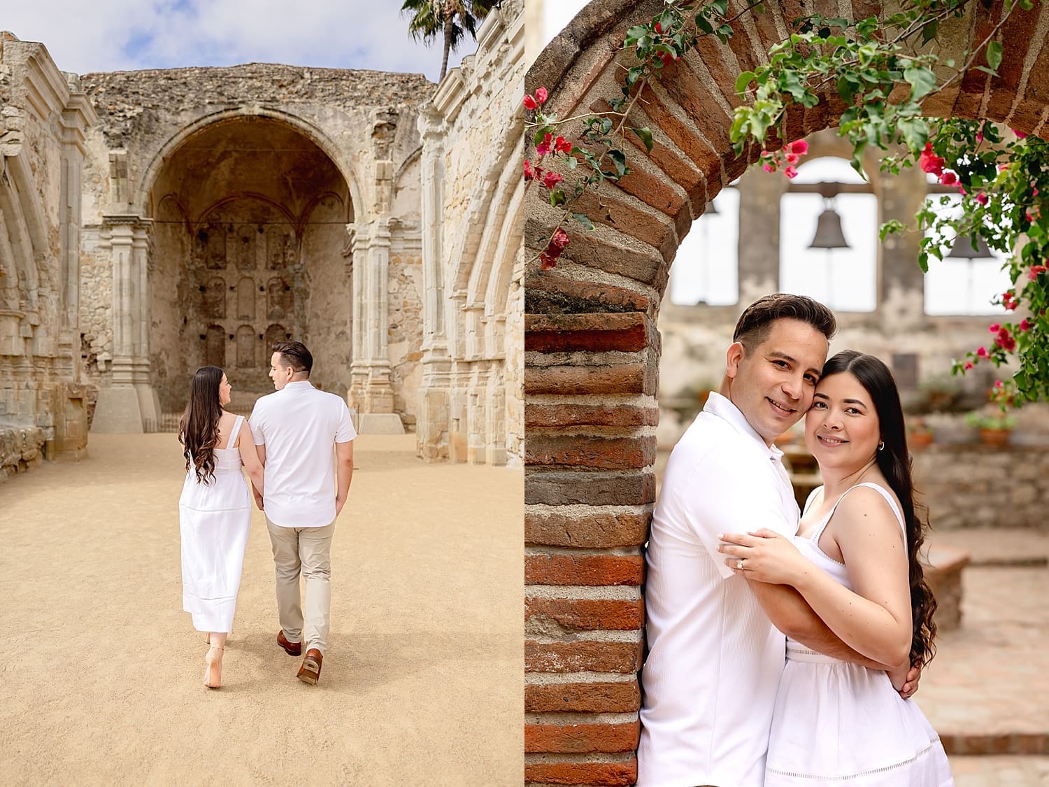 couple embraces in old archway at Mission San Juan Capistrano