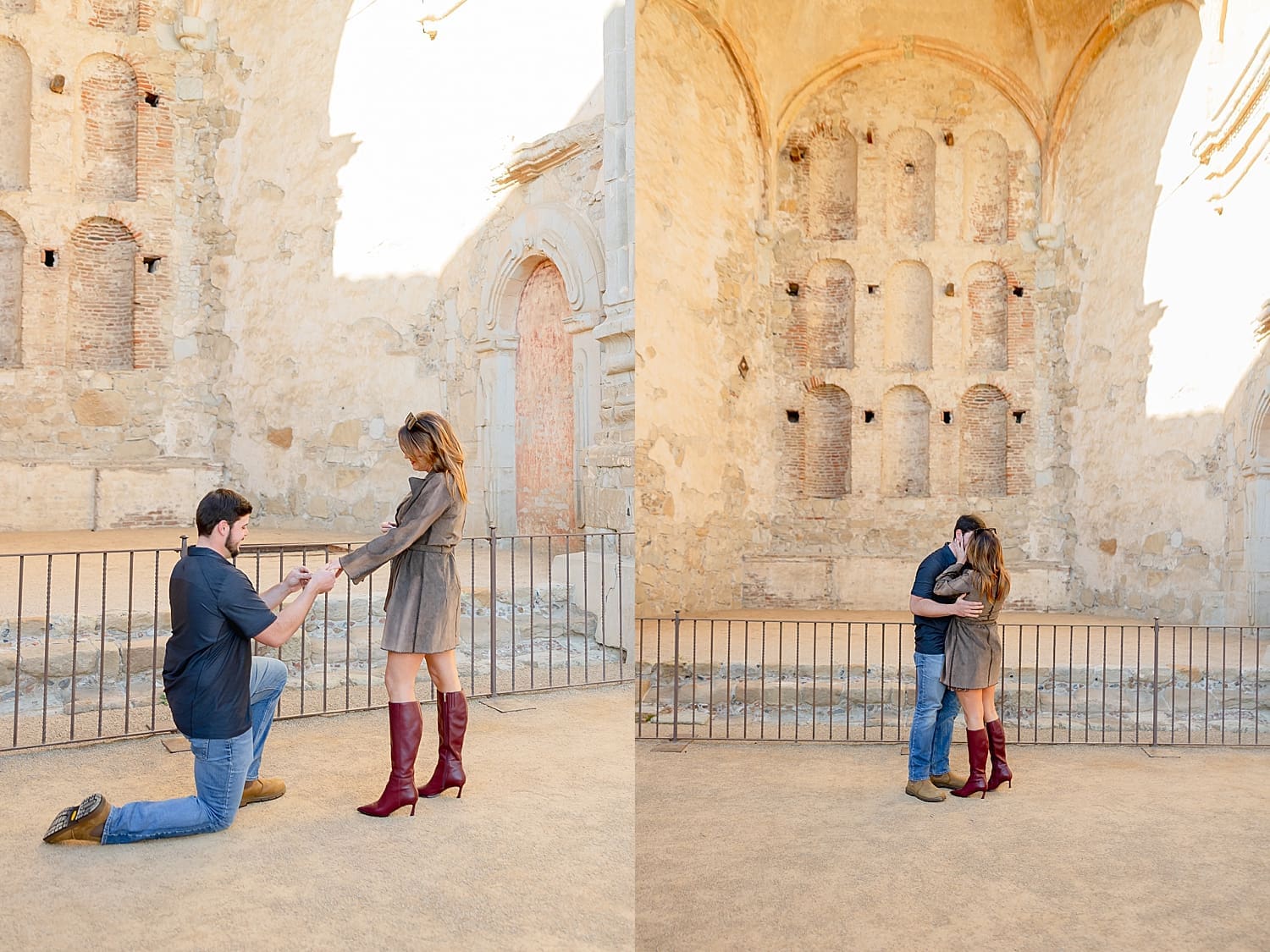 man kneels on the ground to propose at Mission San Juan Capistrano