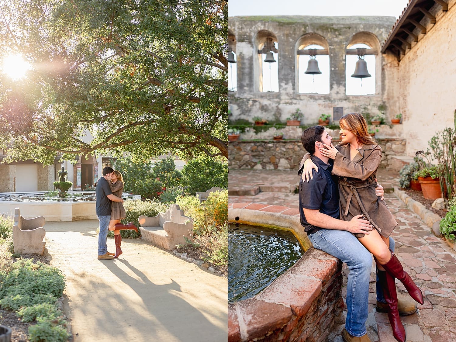 couple sits on the edge of a fountain near a garden by Desiree Ashley Photography