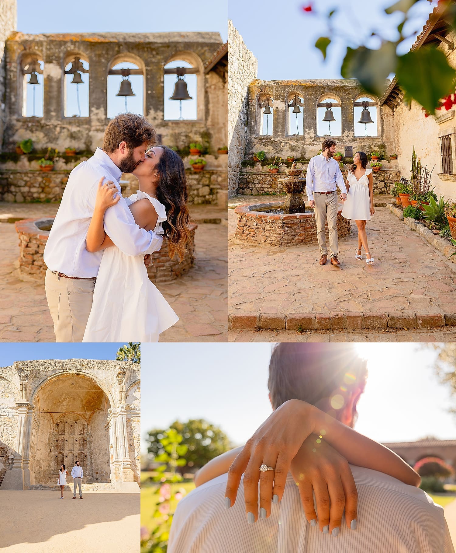 couple walks hand in hand through an old courtyard by Southern California wedding photographer