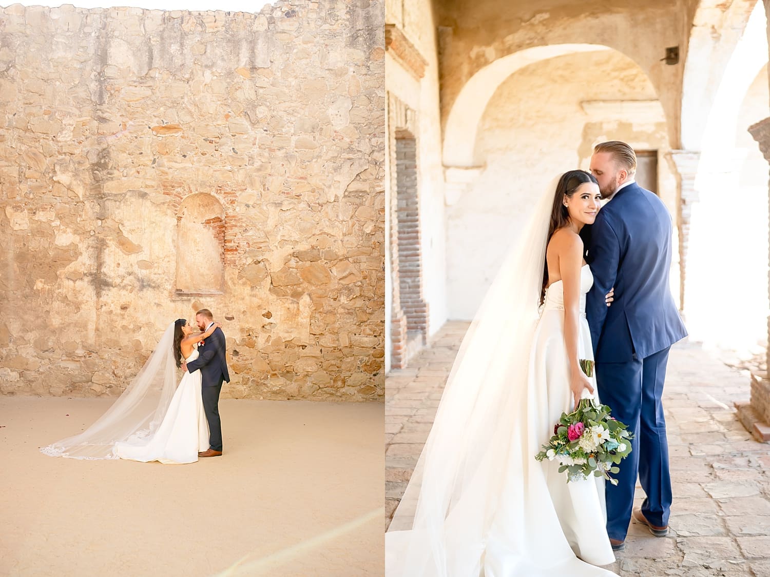 bride and groom share a hug in front of stone wall by Southern California wedding photographer