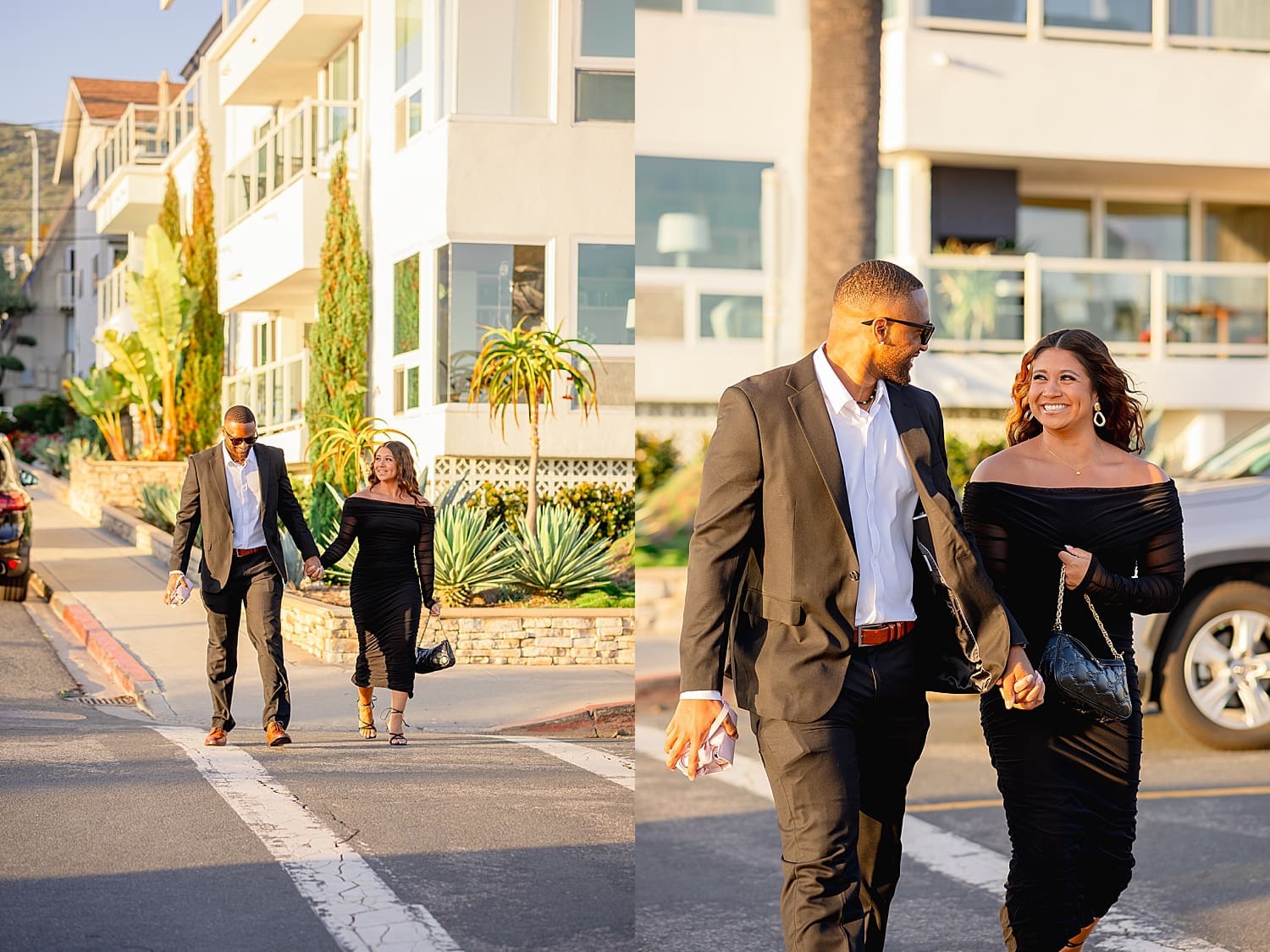 couple approaches an overlook at sunset by Southern California wedding photographer