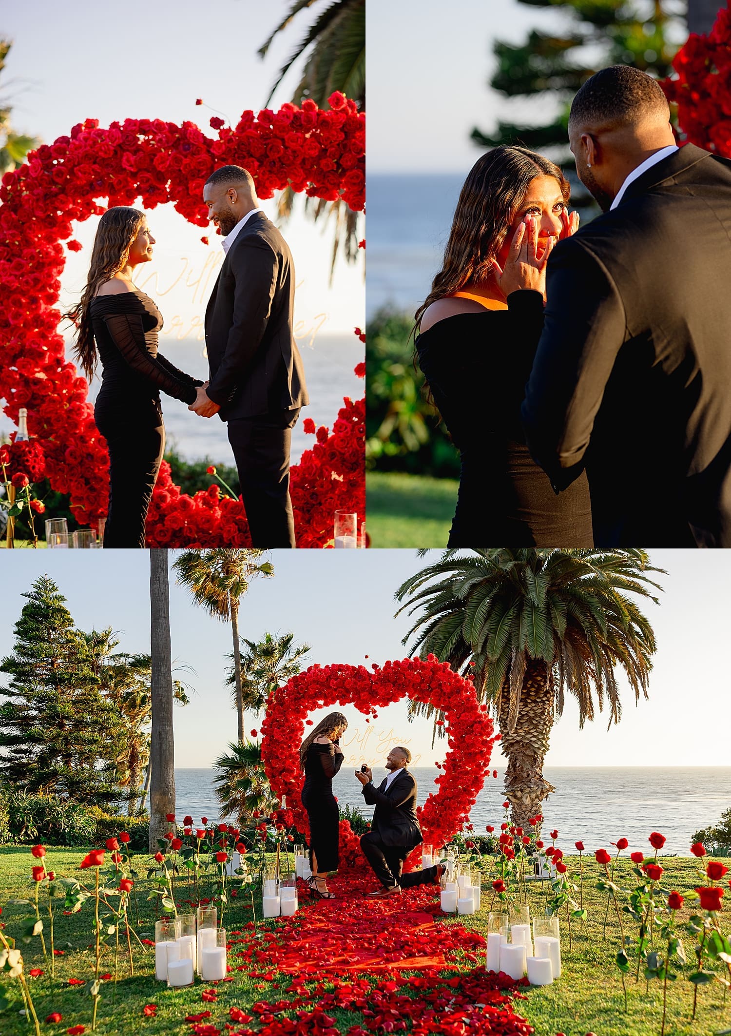 woman wipes away happy tears before Coastal Sunset Proposal
