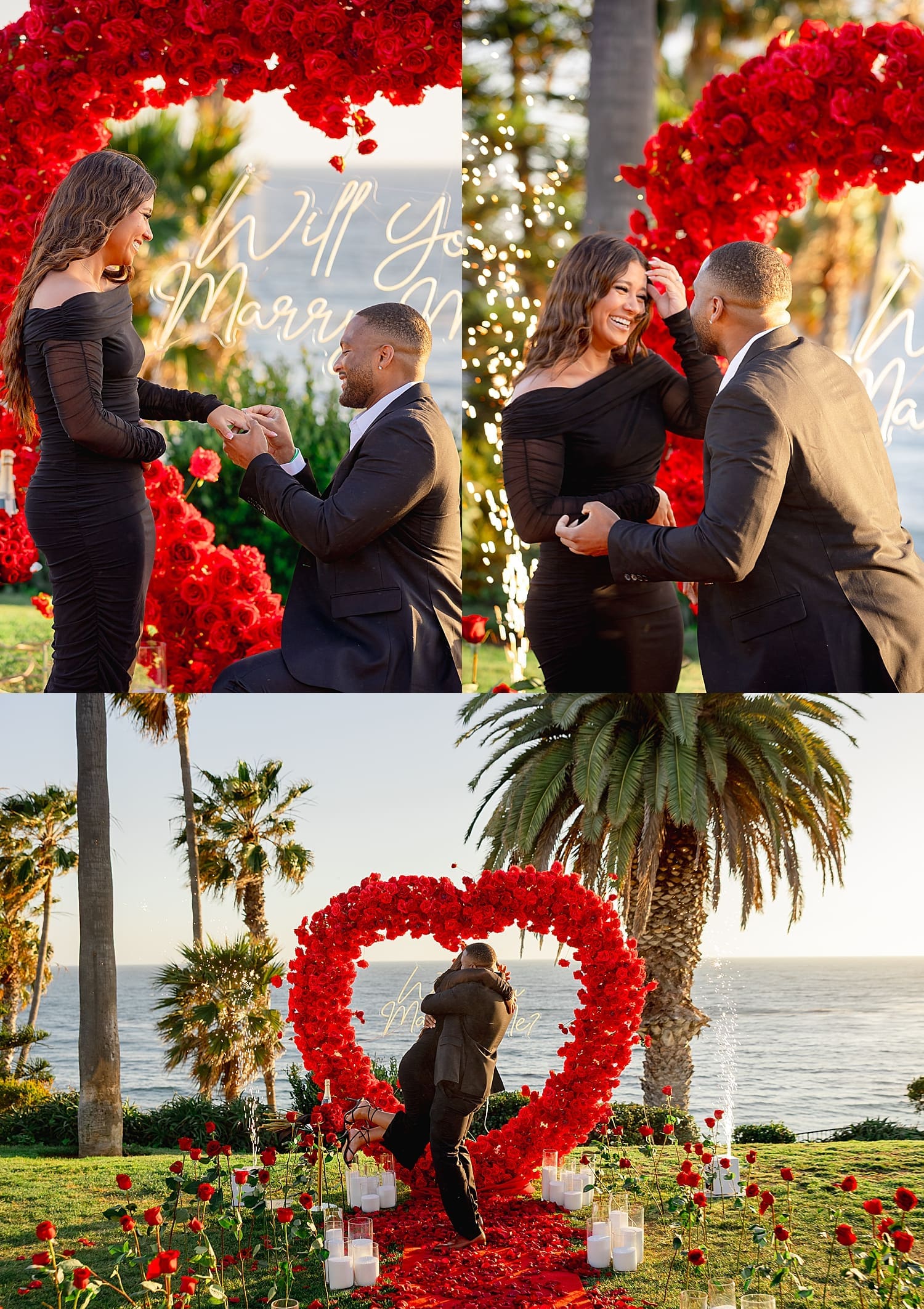 Man asks woman to be his wife in front of red roses installation by Desiree Ashley Photography