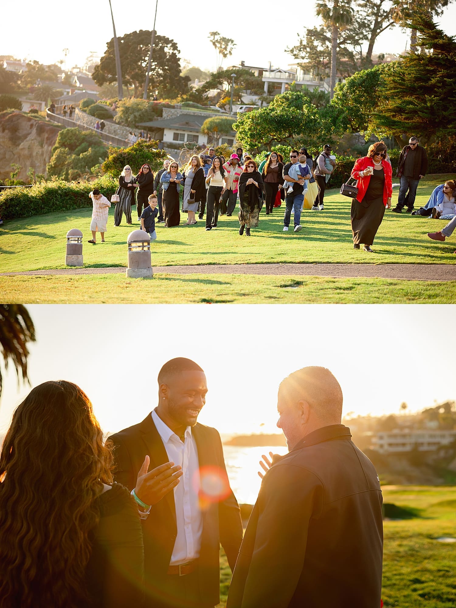 crowd of friends approach newly engaged couple for Coastal Sunset Proposal