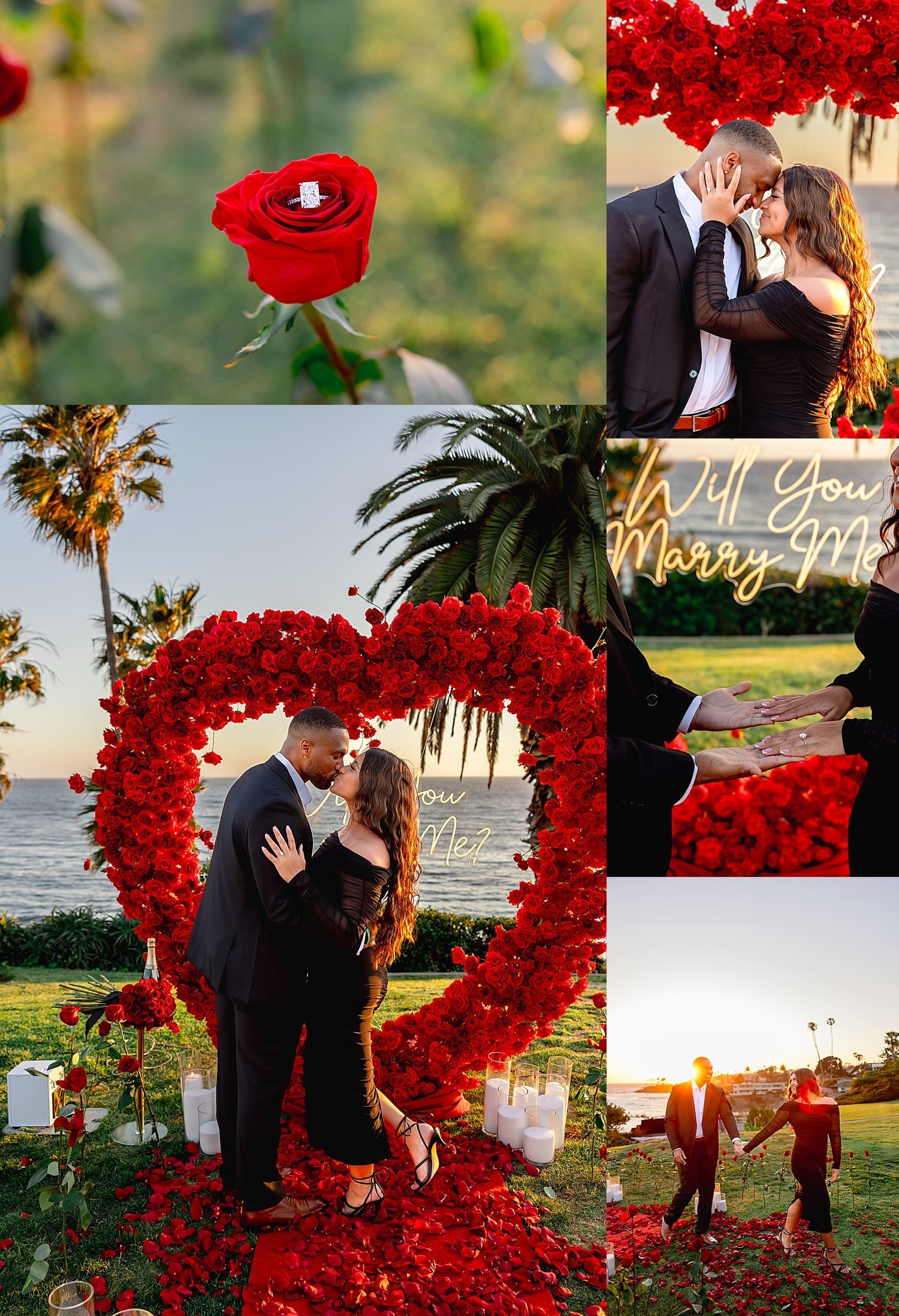 newly engaged couple embraces in front of red roses for Coastal Sunset Proposal