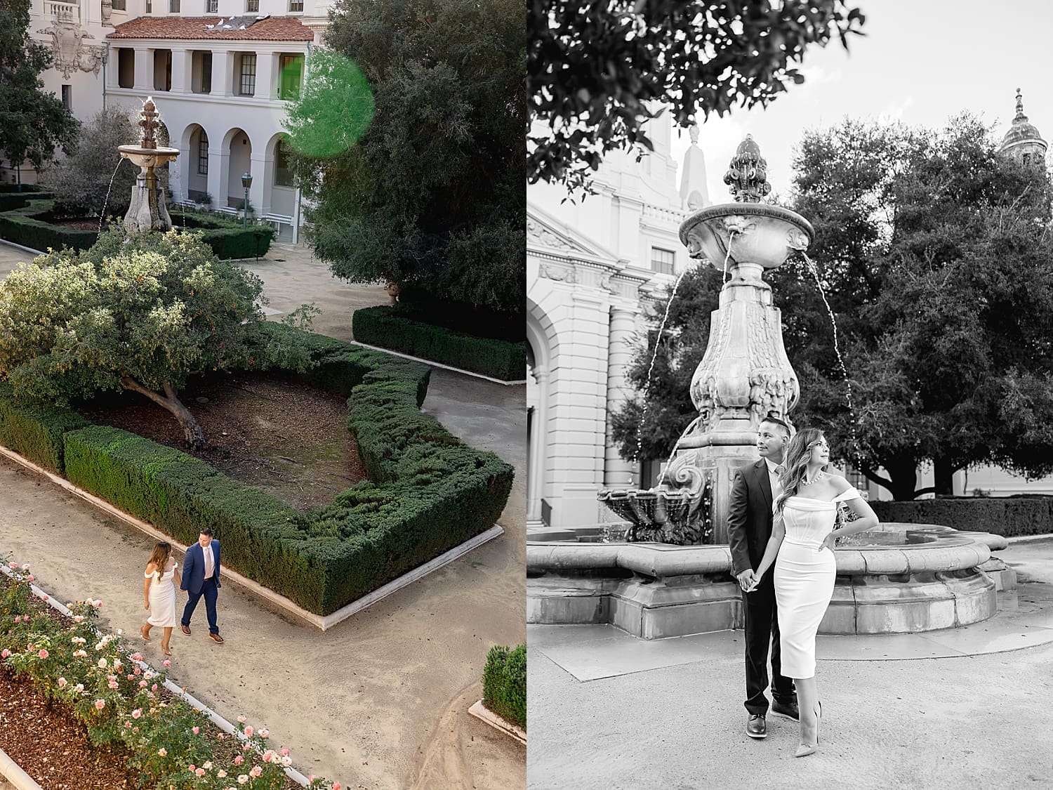 couple embraces near the fountain at Pasadena City Hall