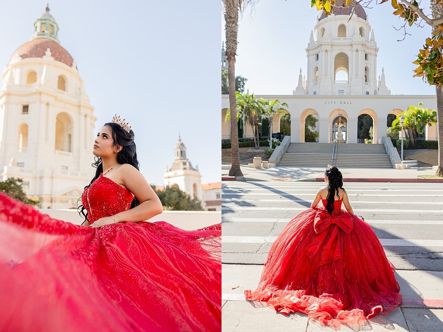 girl in red dress crosses street for Quinceañera at Pasadena City Hall