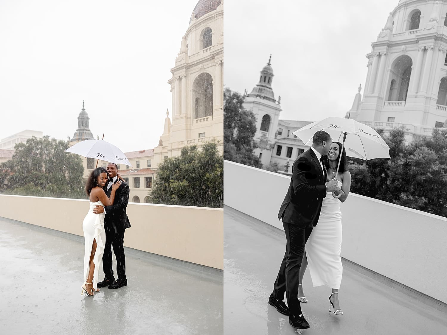 couple snuggles under clear umbrella on rooftop by Desiree Ashley Photography