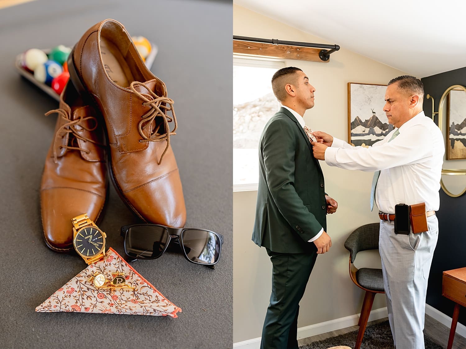 groom's father adjusts his tie before first look by Desiree Ashley Photography