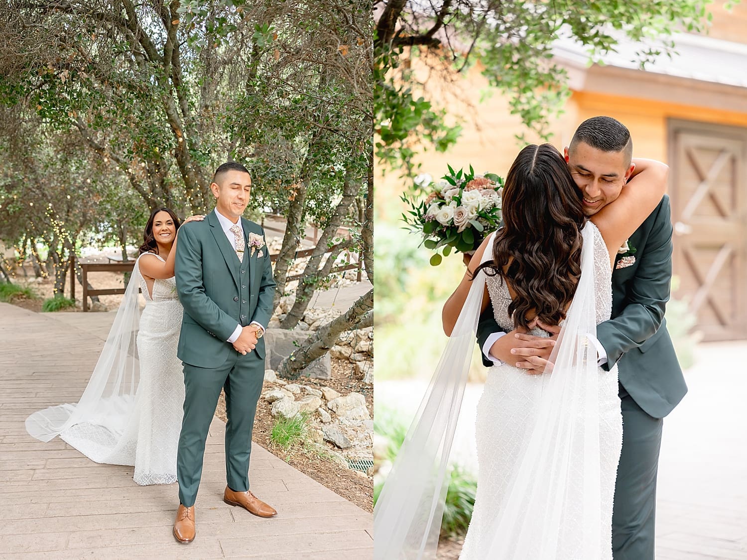 woman approaches her groom for first look outside at Serendipity Gardens