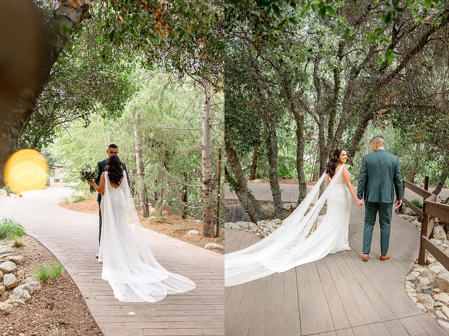 couple in formal wear walk down pathway in garden by Desiree Ashley Photography